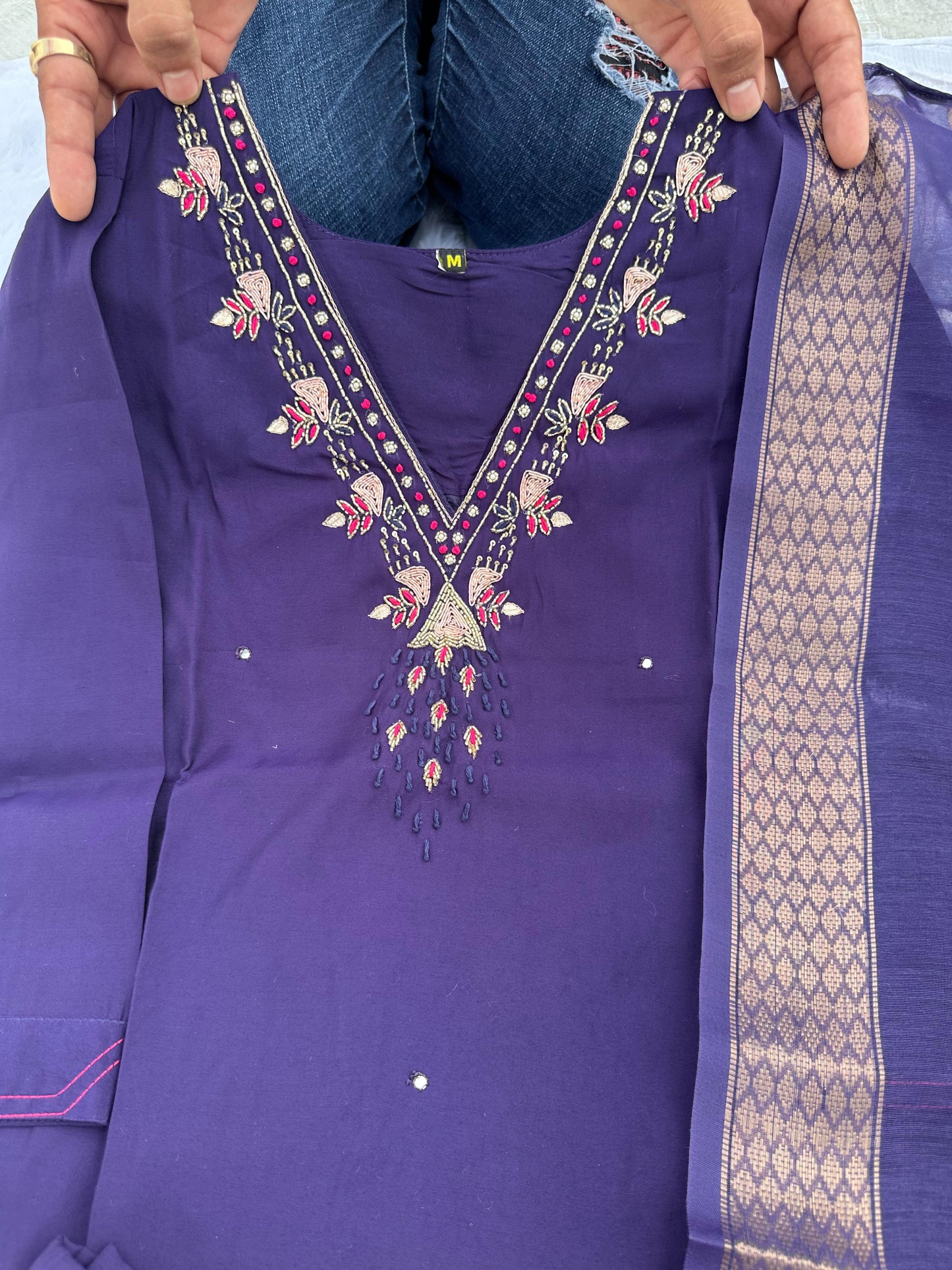 Premium Roman Silk Handwork Kurti Pant Dupatta Set