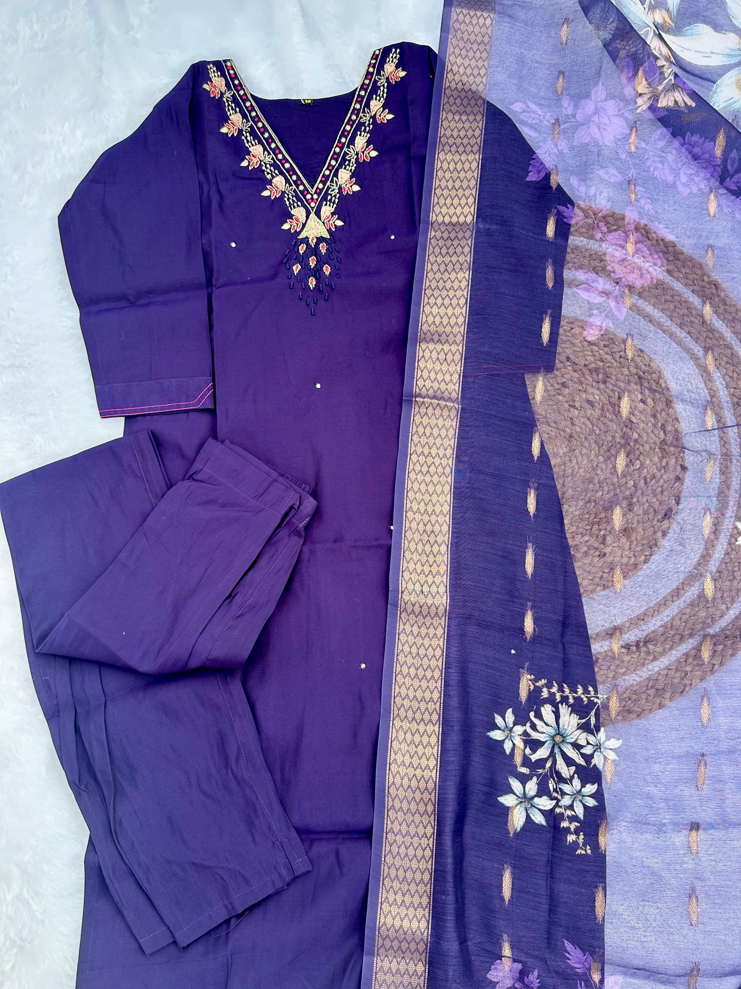 Premium Roman Silk Handwork Kurti Pant Dupatta Set