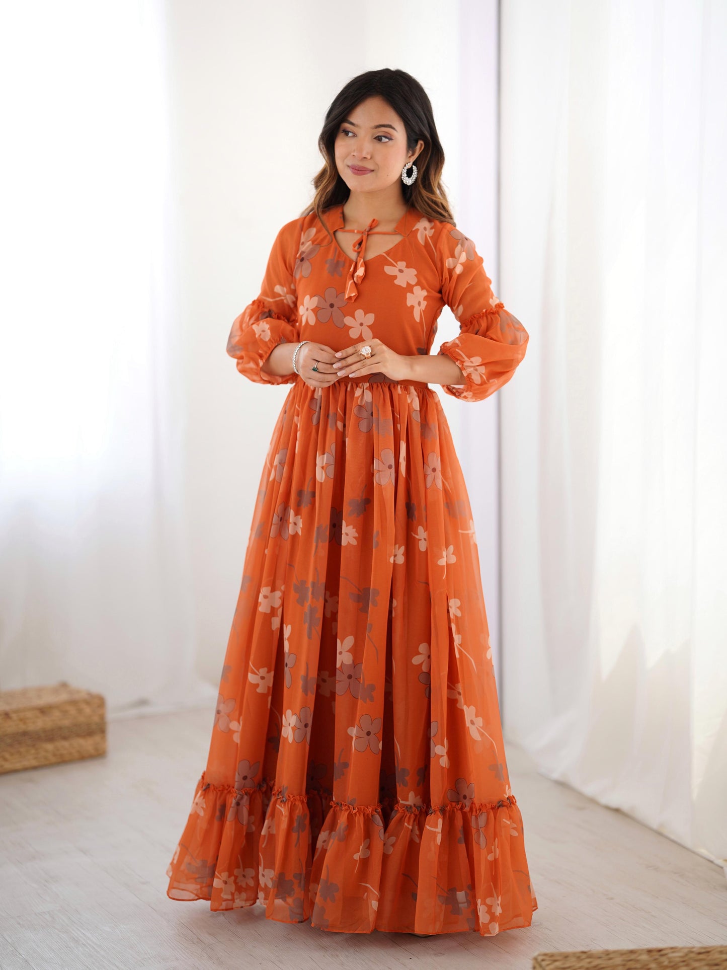 Marigold Muse Faux Georgette Orange Floral Gown