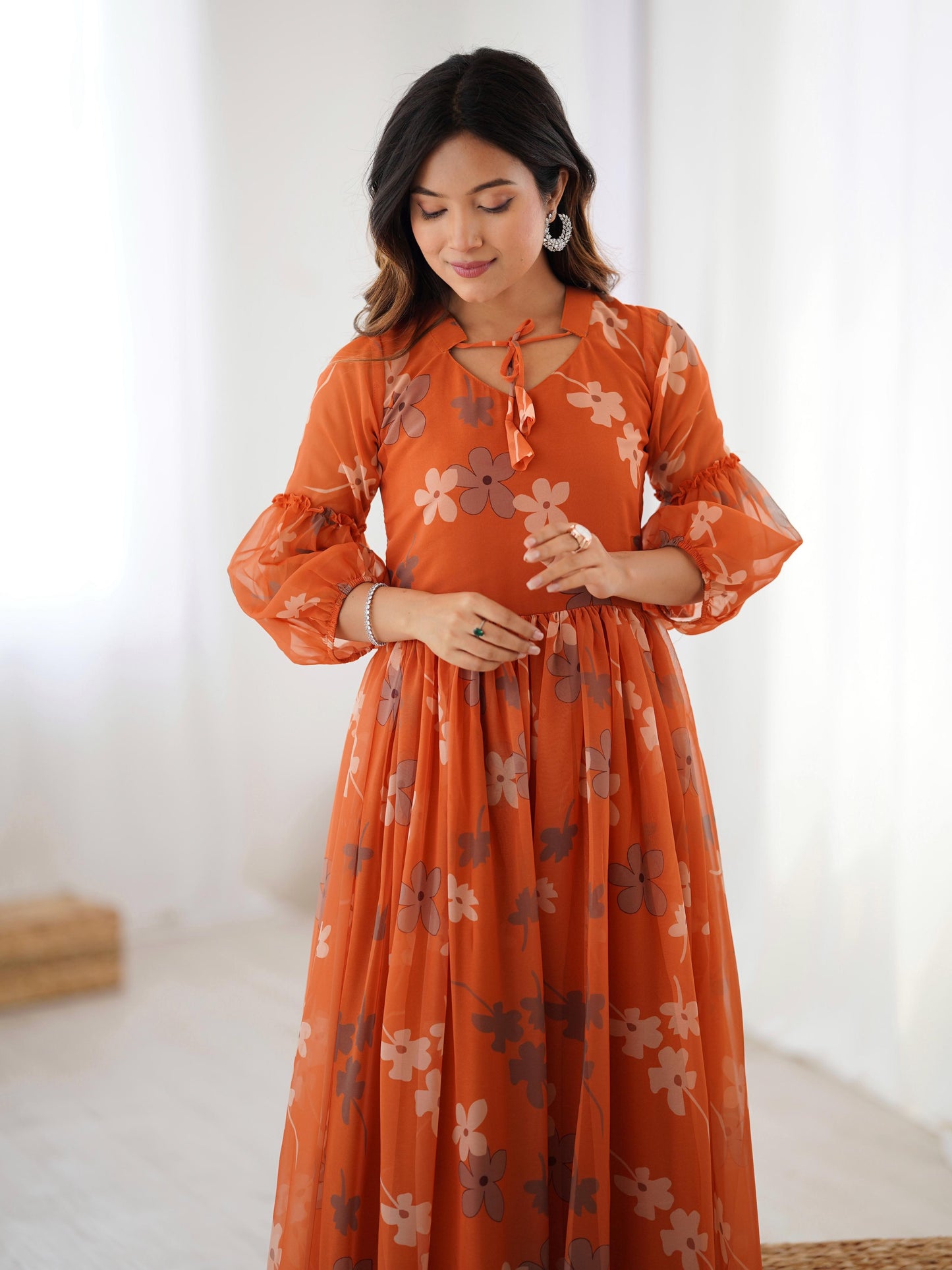 Marigold Muse Faux Georgette Orange Floral Gown