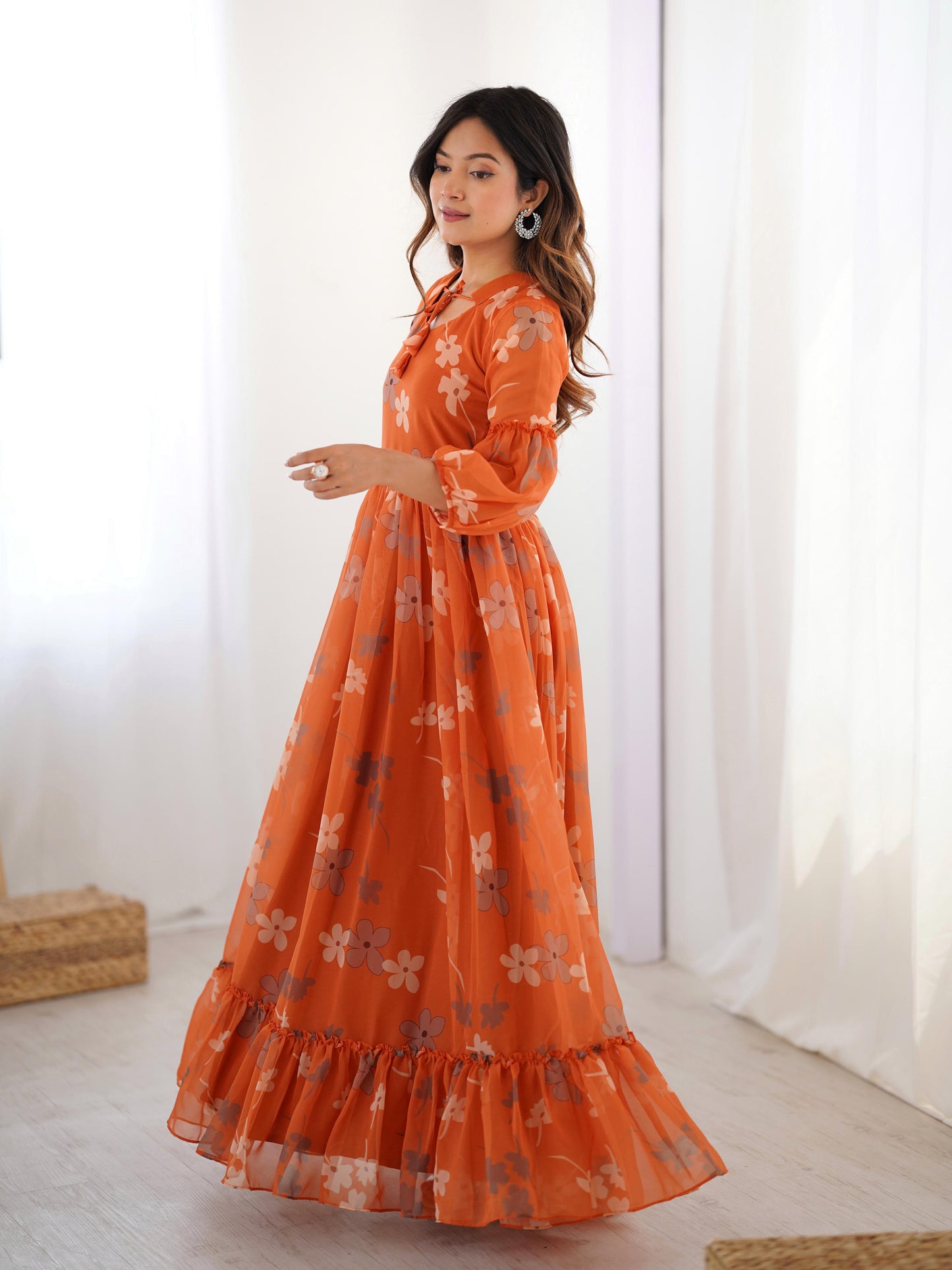 Marigold Muse Faux Georgette Orange Floral Gown