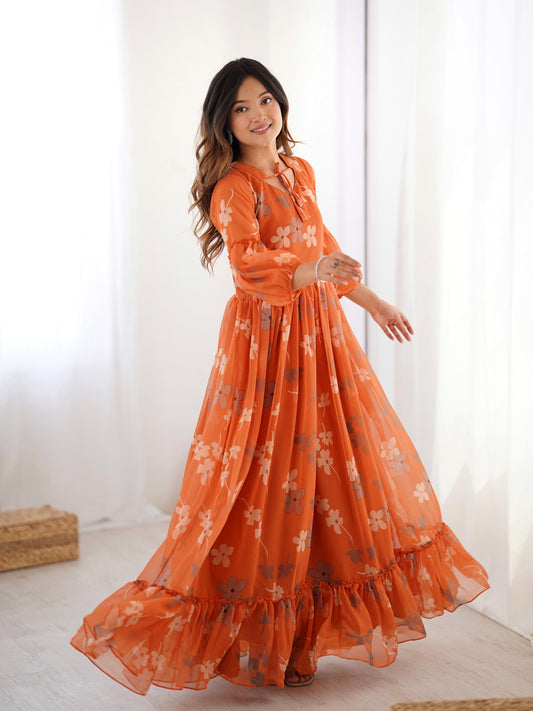 Marigold Muse Faux Georgette Orange Floral Gown
