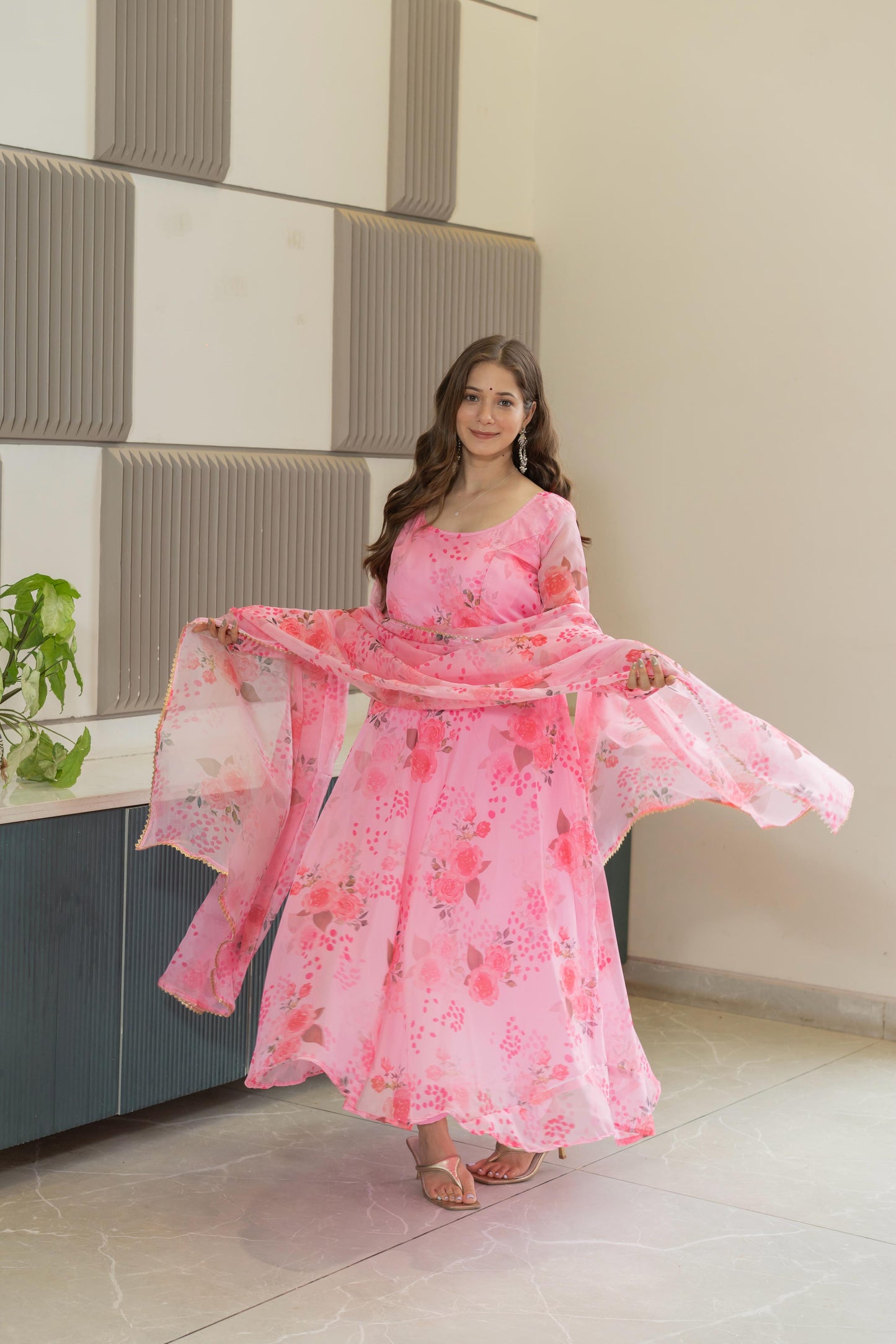 Pure Soft Lightweight Organza Floral Print Umbrella Gown Style Suit Set