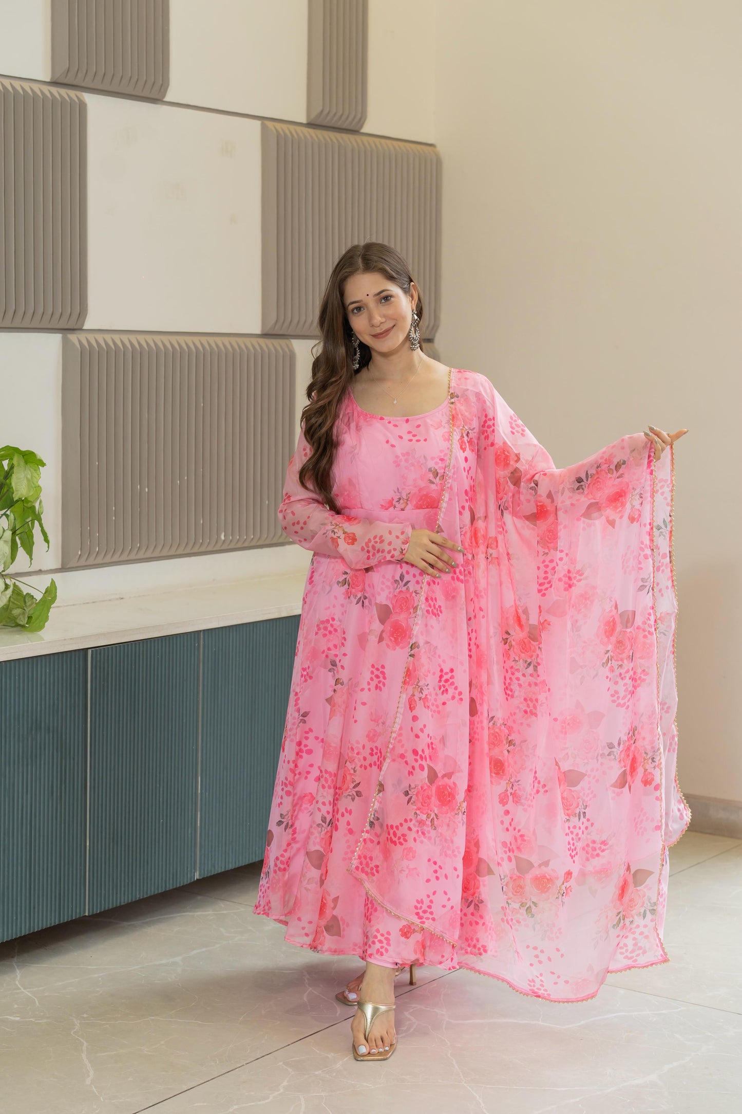 Pure Soft Lightweight Organza Floral Print Umbrella Gown Style Suit Set