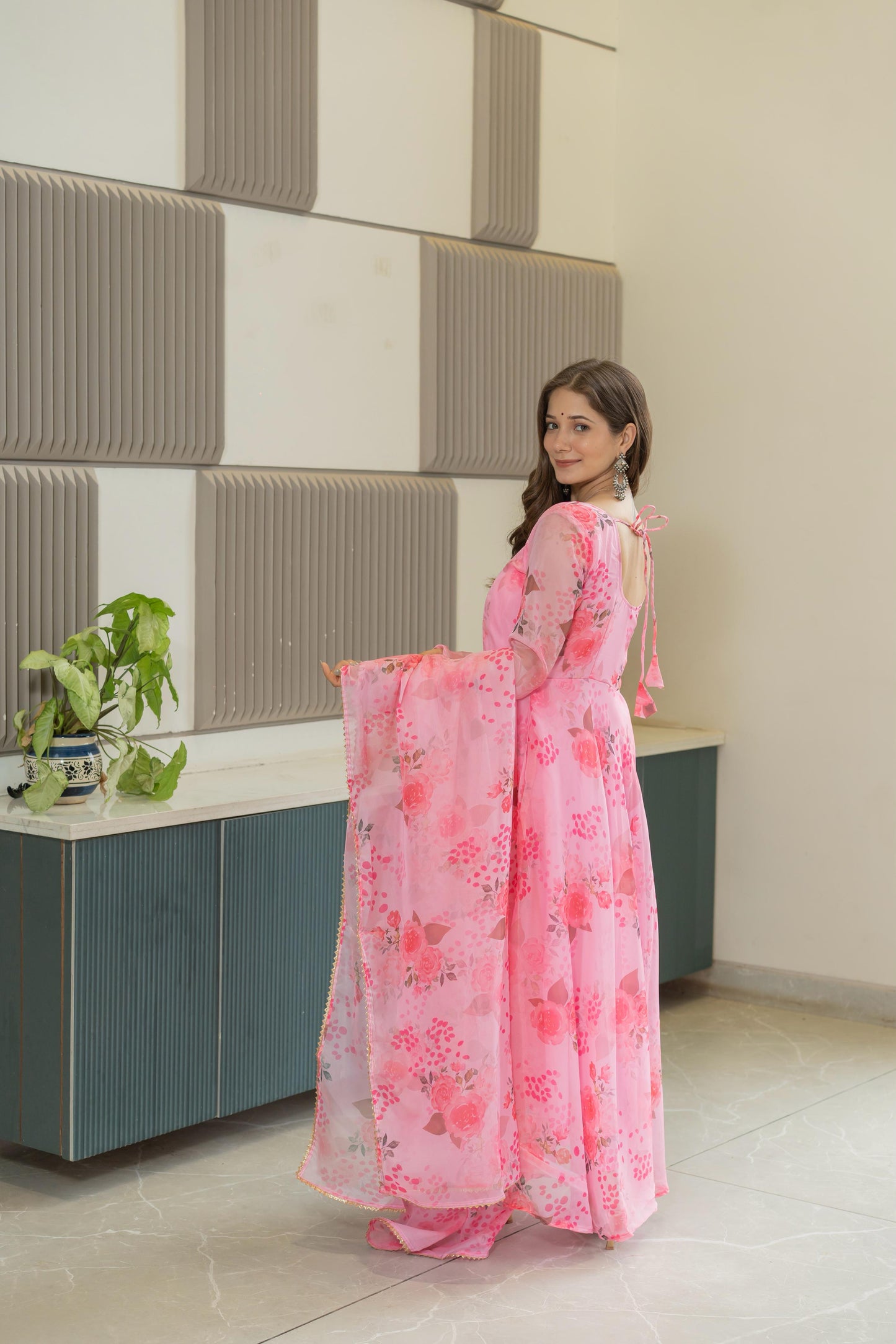Pure Soft Lightweight Organza Floral Print Umbrella Gown Style Suit Set