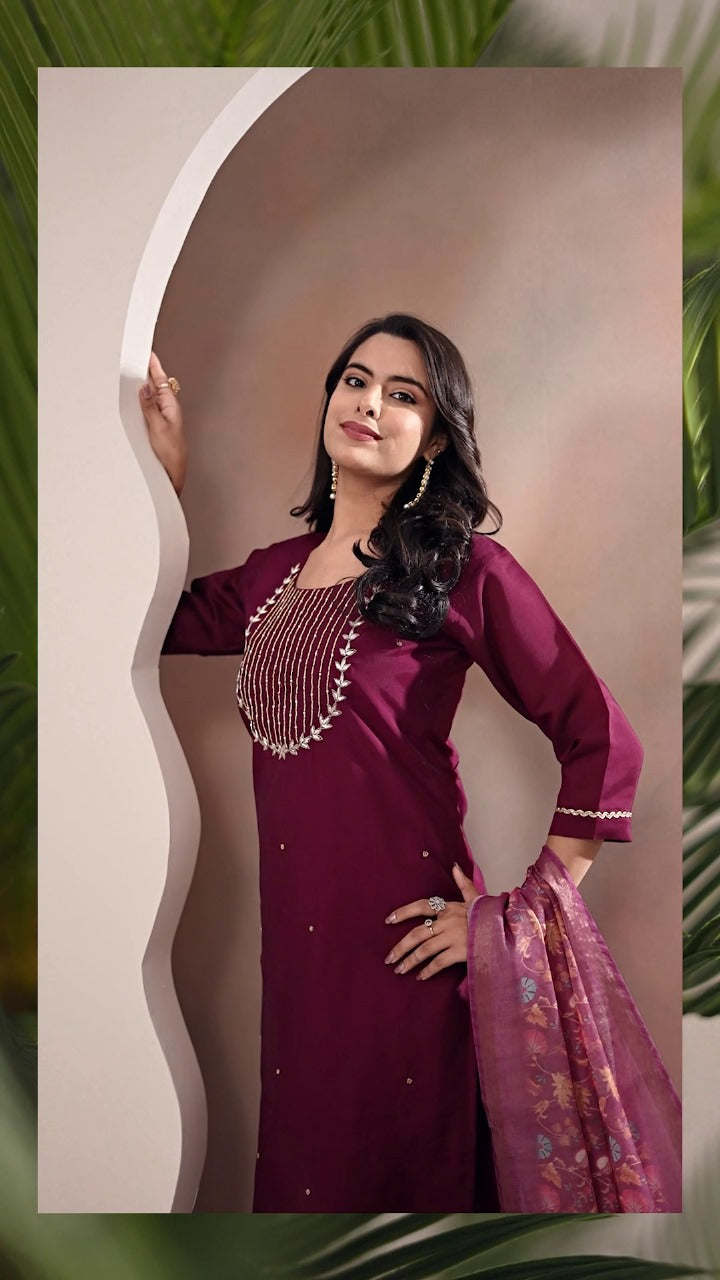 Premium Roman Silk Hand Work Dark Pink Kurti Pant With Dupatta Set