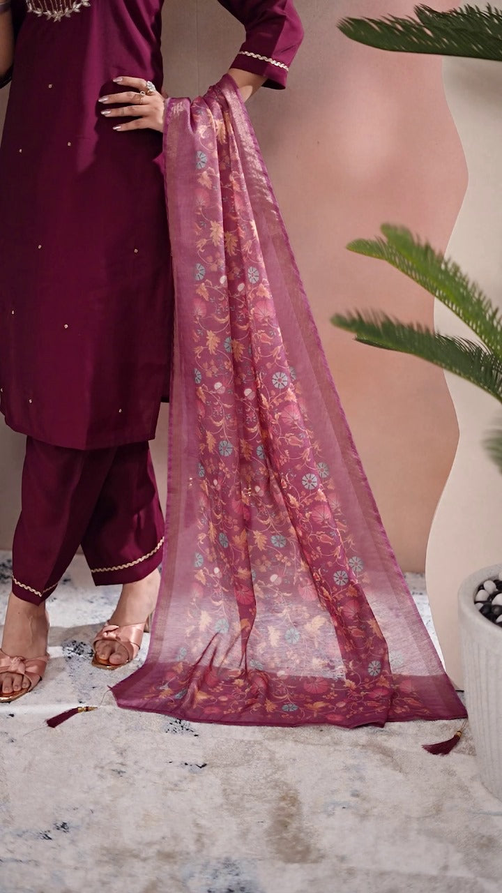 Premium Roman Silk Hand Work Dark Pink Kurti Pant With Dupatta Set