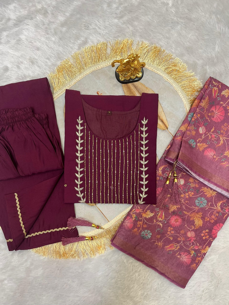 Premium Roman Silk Hand Work Dark Pink Kurti Pant With Dupatta Set