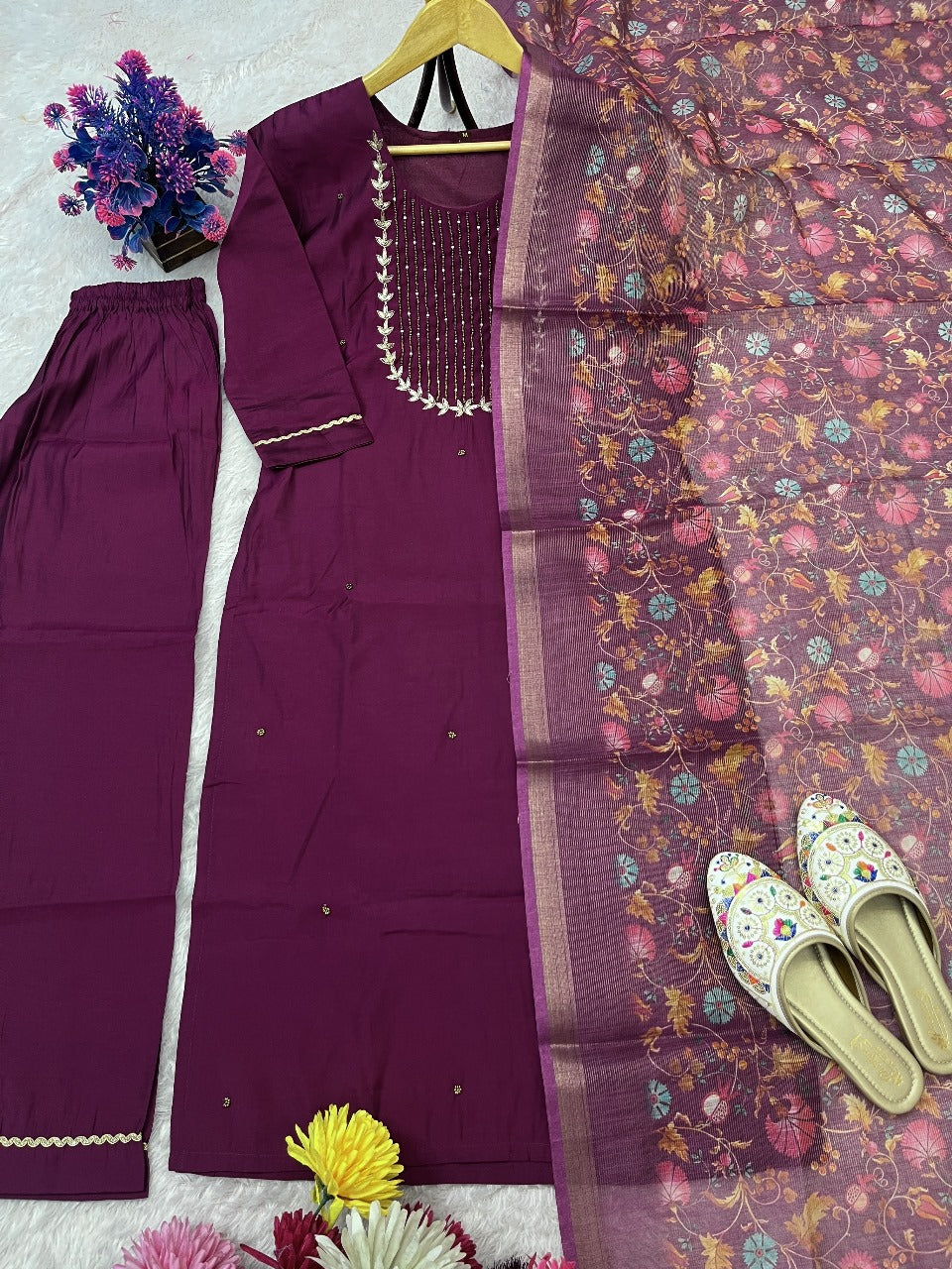 Premium Roman Silk Hand Work Dark Pink Kurti Pant With Dupatta Set