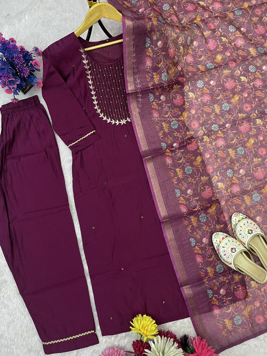 Premium Roman Silk Hand Work Dark Pink Kurti Pant With Dupatta Set