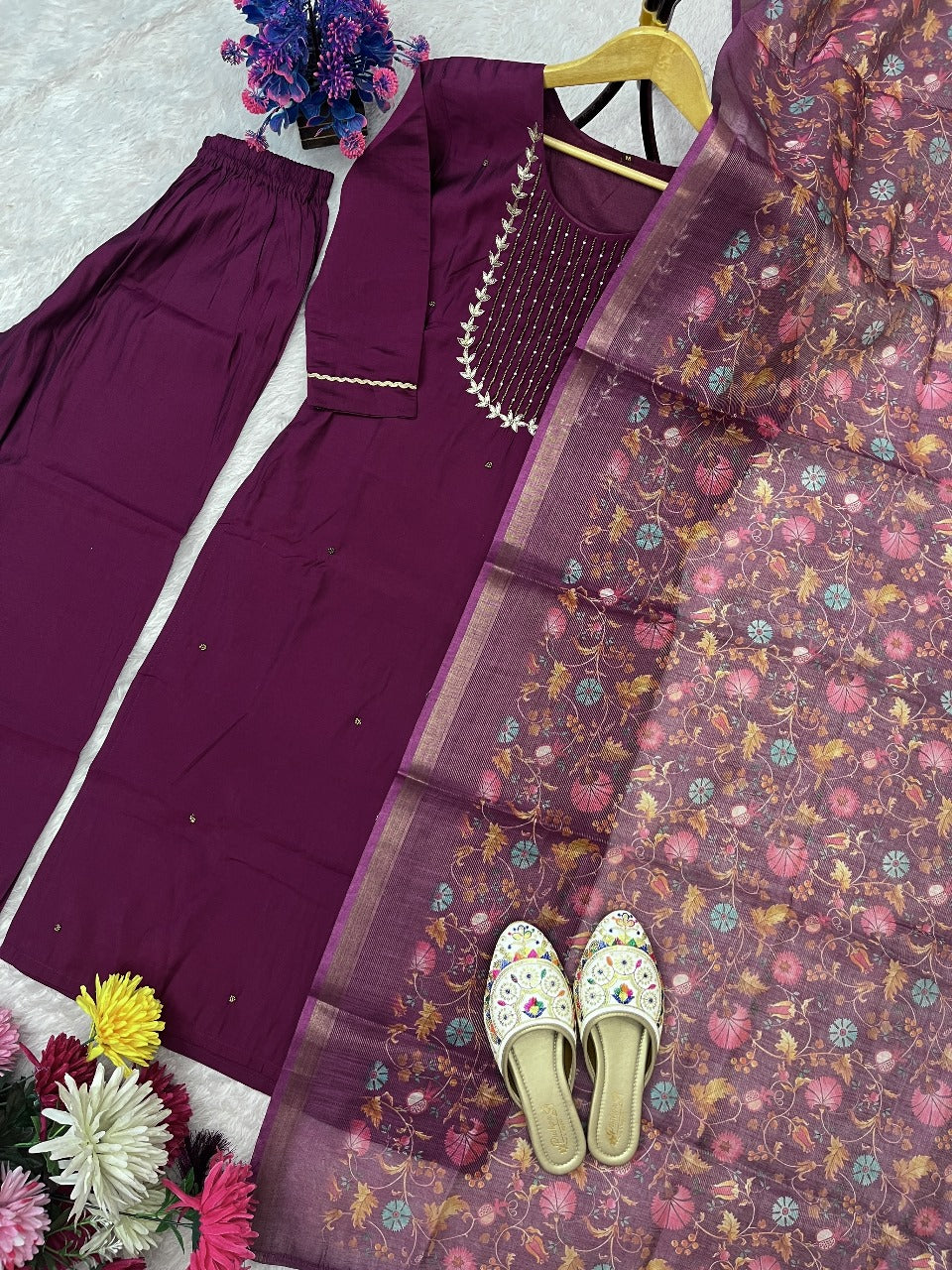 Premium Roman Silk Hand Work Dark Pink Kurti Pant With Dupatta Set