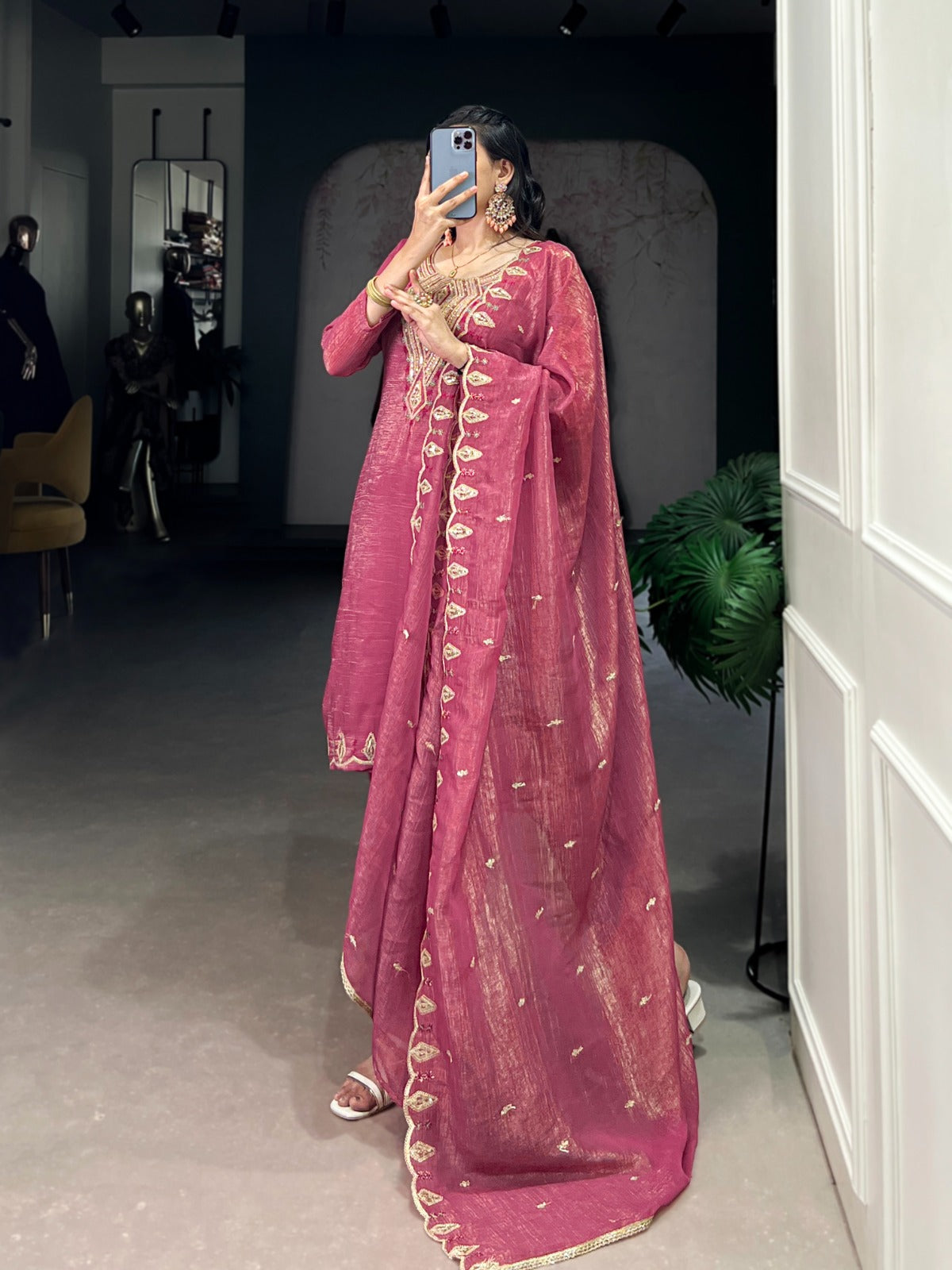 Rich Silver Glory (Crunchy) With Sequins and Thread Embroidery Work Kurti Pant With Dupatta