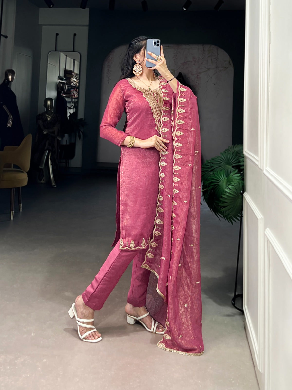 Rich Silver Glory (Crunchy) With Sequins and Thread Embroidery Work Kurti Pant With Dupatta