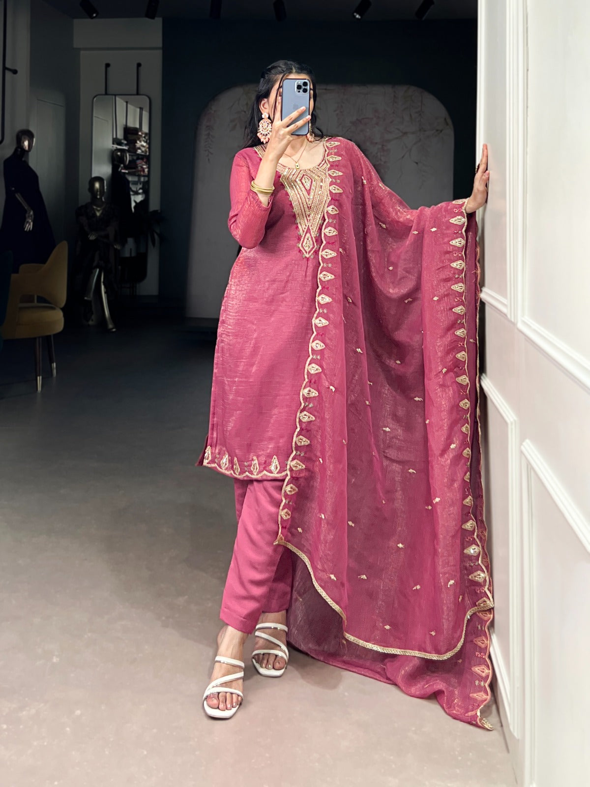 Rich Silver Glory (Crunchy) With Sequins and Thread Embroidery Work Kurti Pant With Dupatta