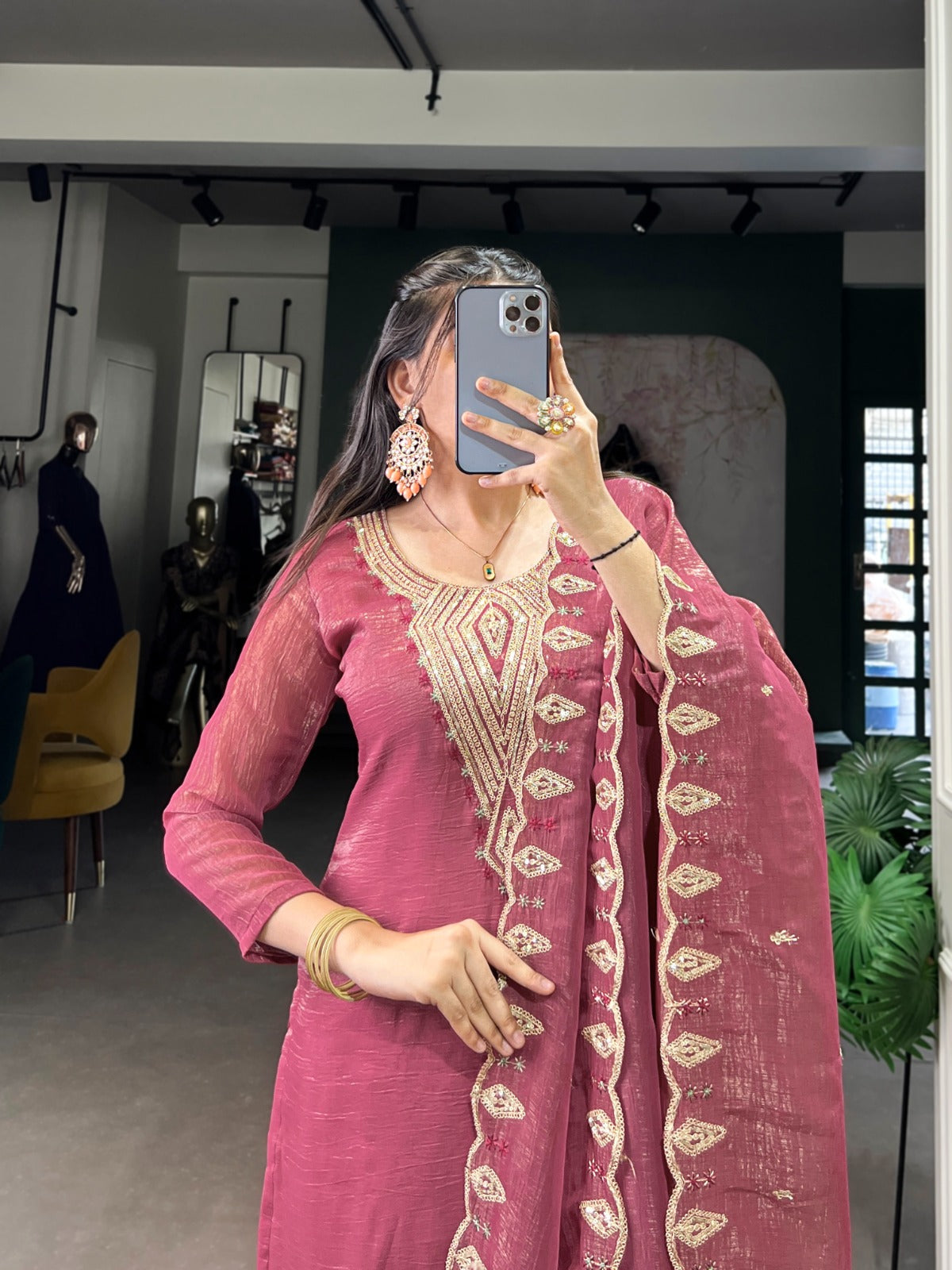 Rich Silver Glory (Crunchy) With Sequins and Thread Embroidery Work Kurti Pant With Dupatta