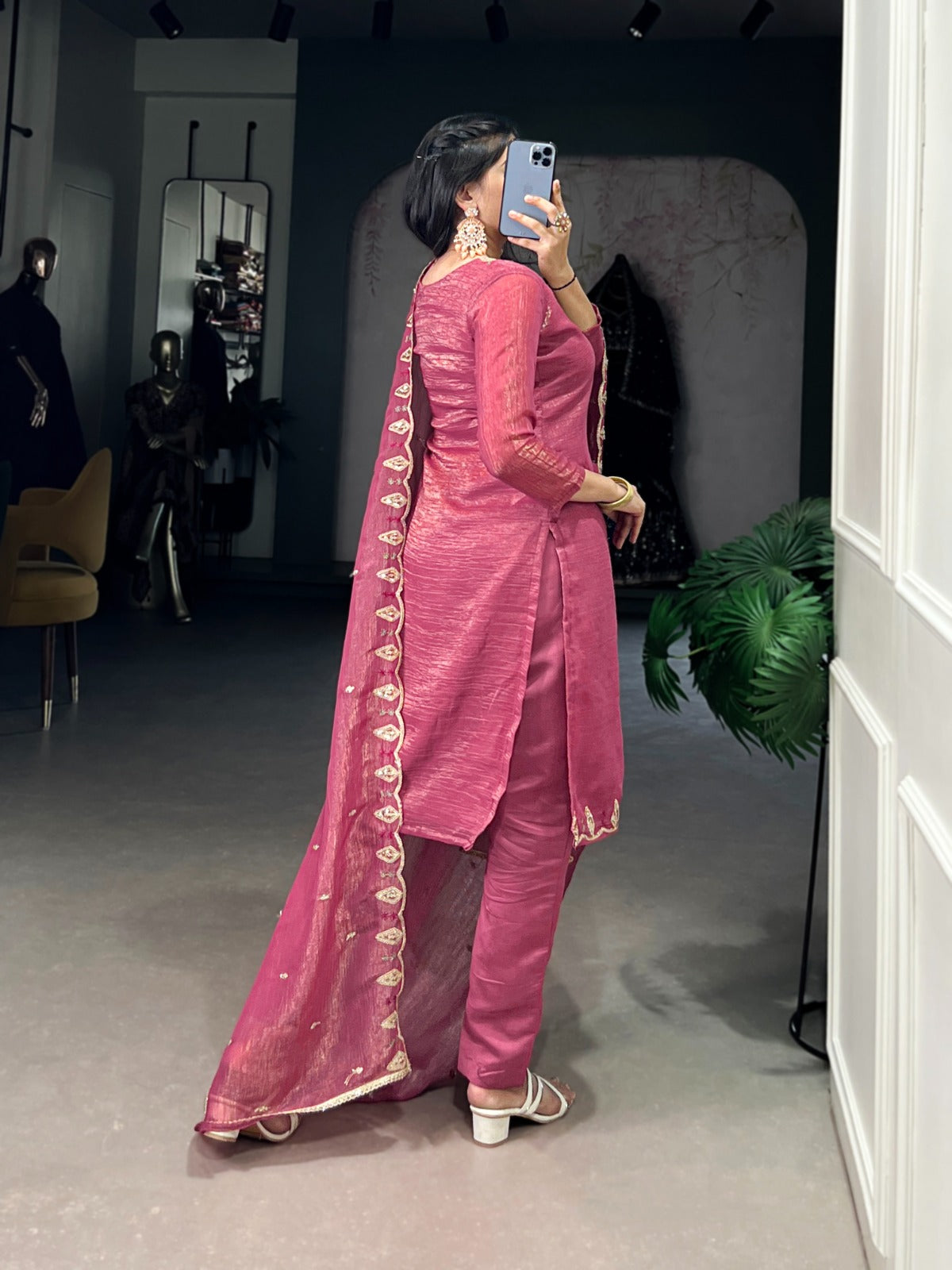 Rich Silver Glory (Crunchy) With Sequins and Thread Embroidery Work Kurti Pant With Dupatta