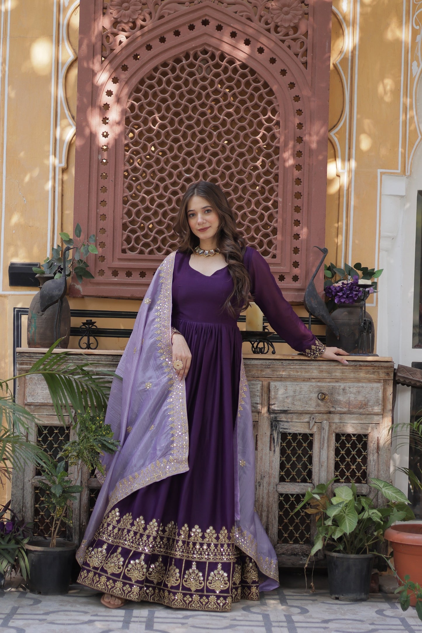 Premium New Designer Wear Star Georgette Embroidery Zari Sequins Work Gown & Dupatta Set
