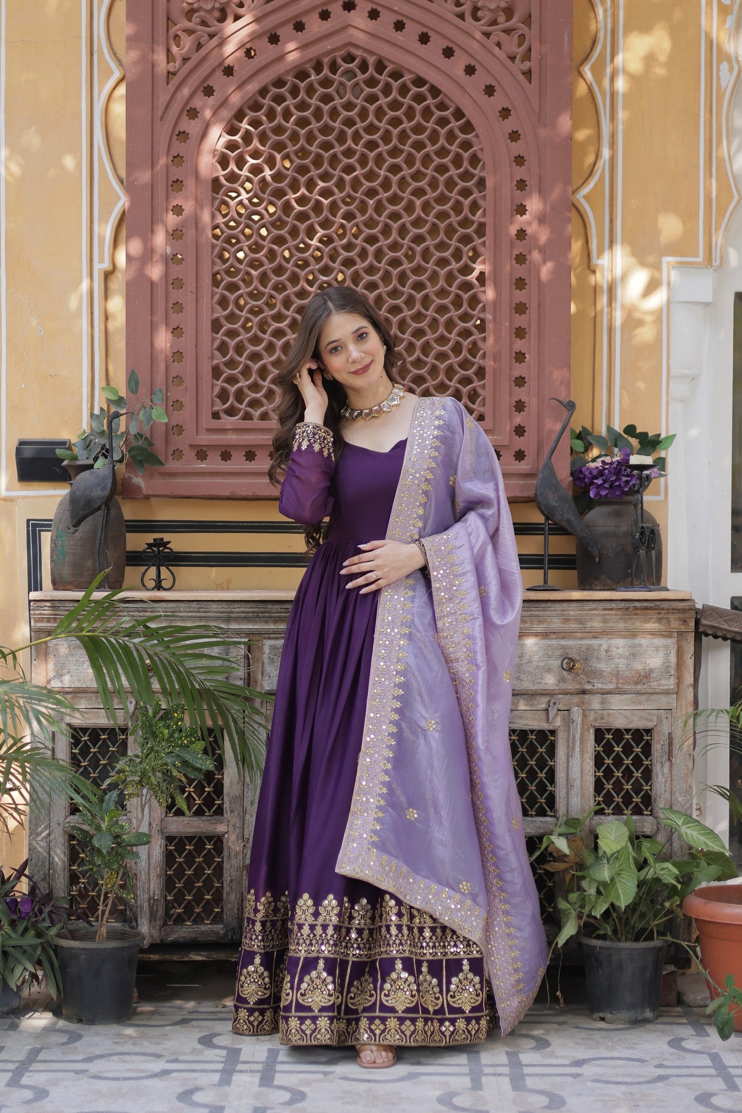 Premium New Designer Wear Star Georgette Embroidery Zari Sequins Work Gown & Dupatta Set