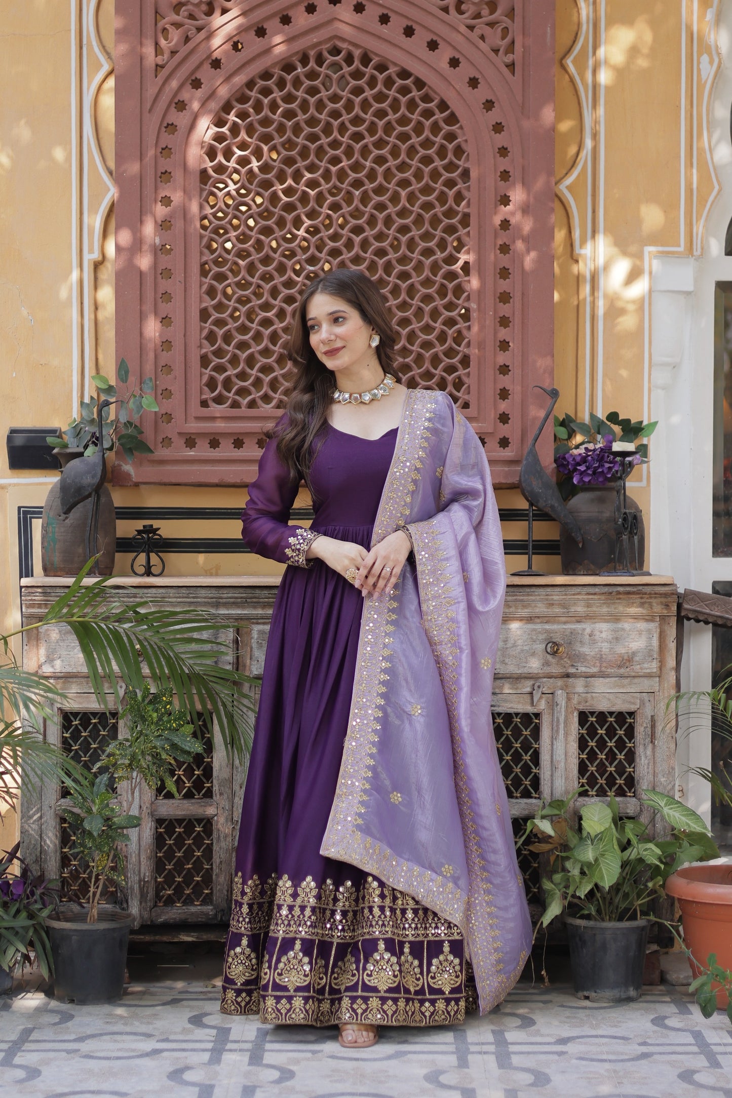 Premium New Designer Wear Star Georgette Embroidery Zari Sequins Work Gown & Dupatta Set