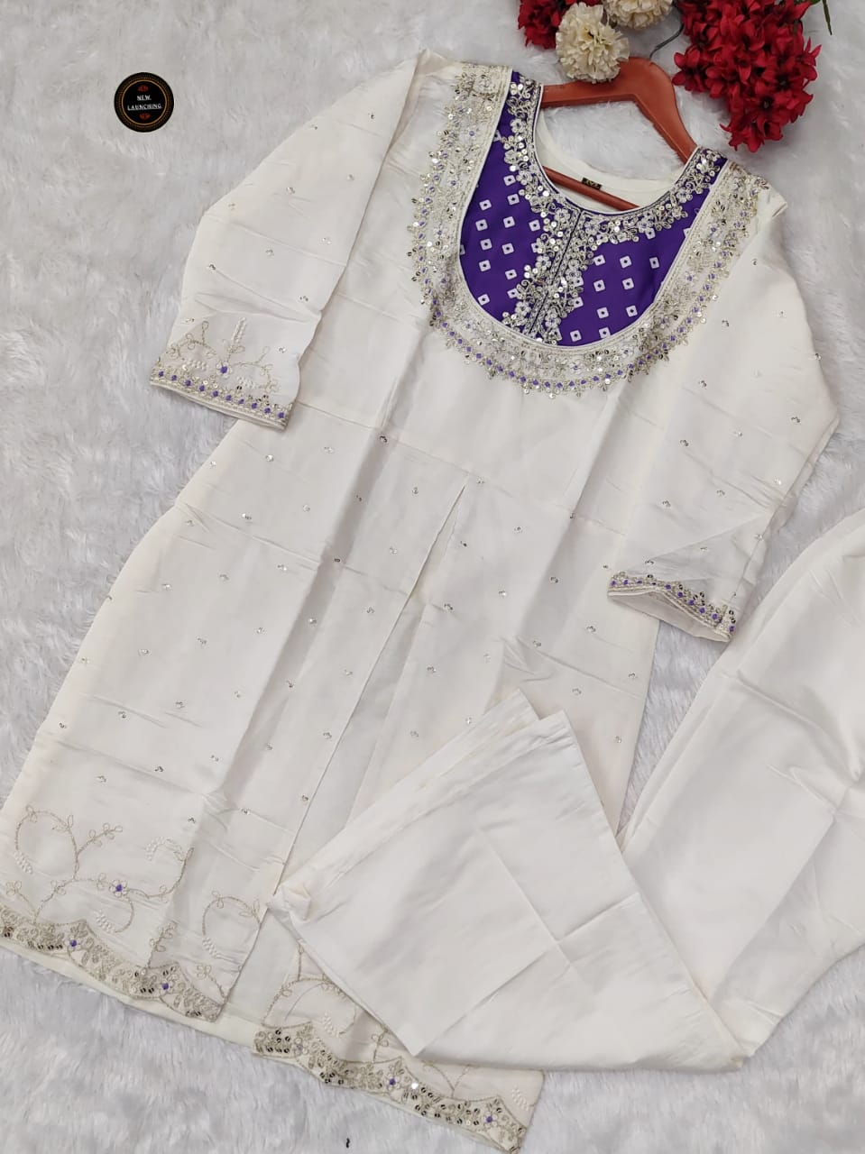 Designer Wear Roman Silk Coding Sequence Embroidery Work Kurti Pant Set