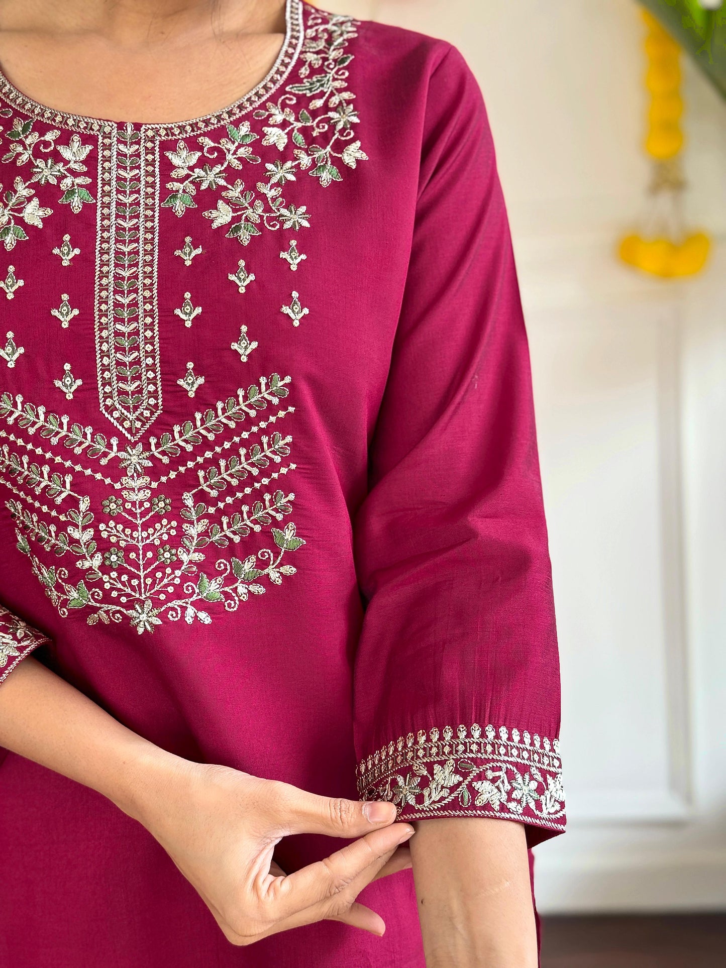 Pure Viscose Chanderi Embroidery Work Wine Kurti Pant With Dupatta Set