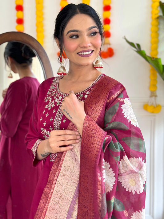 Pure Viscose Chanderi Embroidery Work Wine Kurti Pant With Dupatta Set