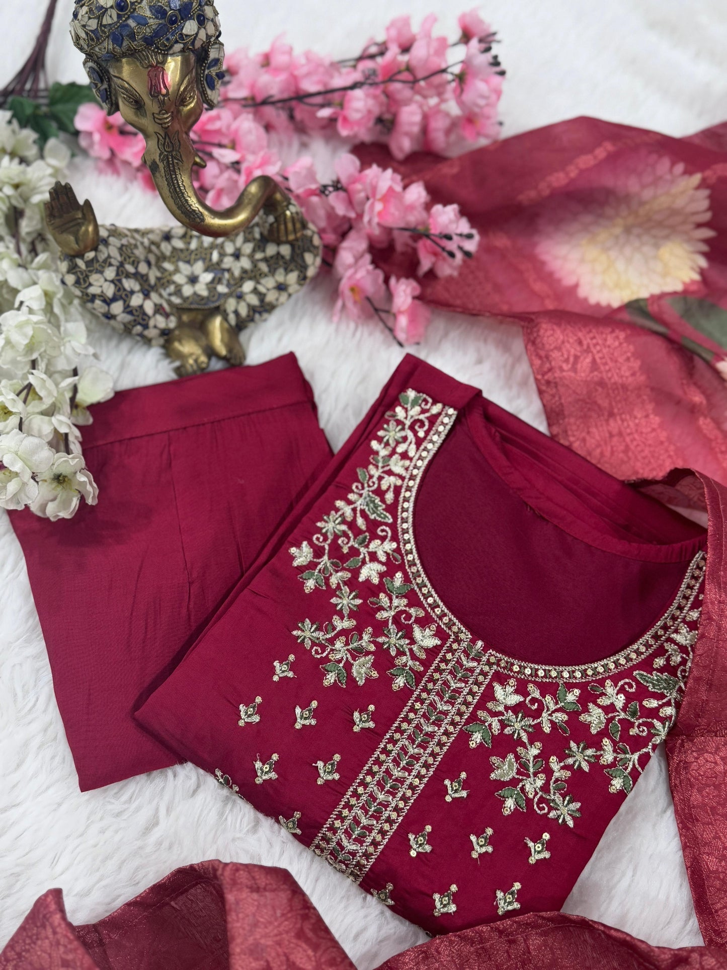 Pure Viscose Chanderi Embroidery Work Wine Kurti Pant With Dupatta Set