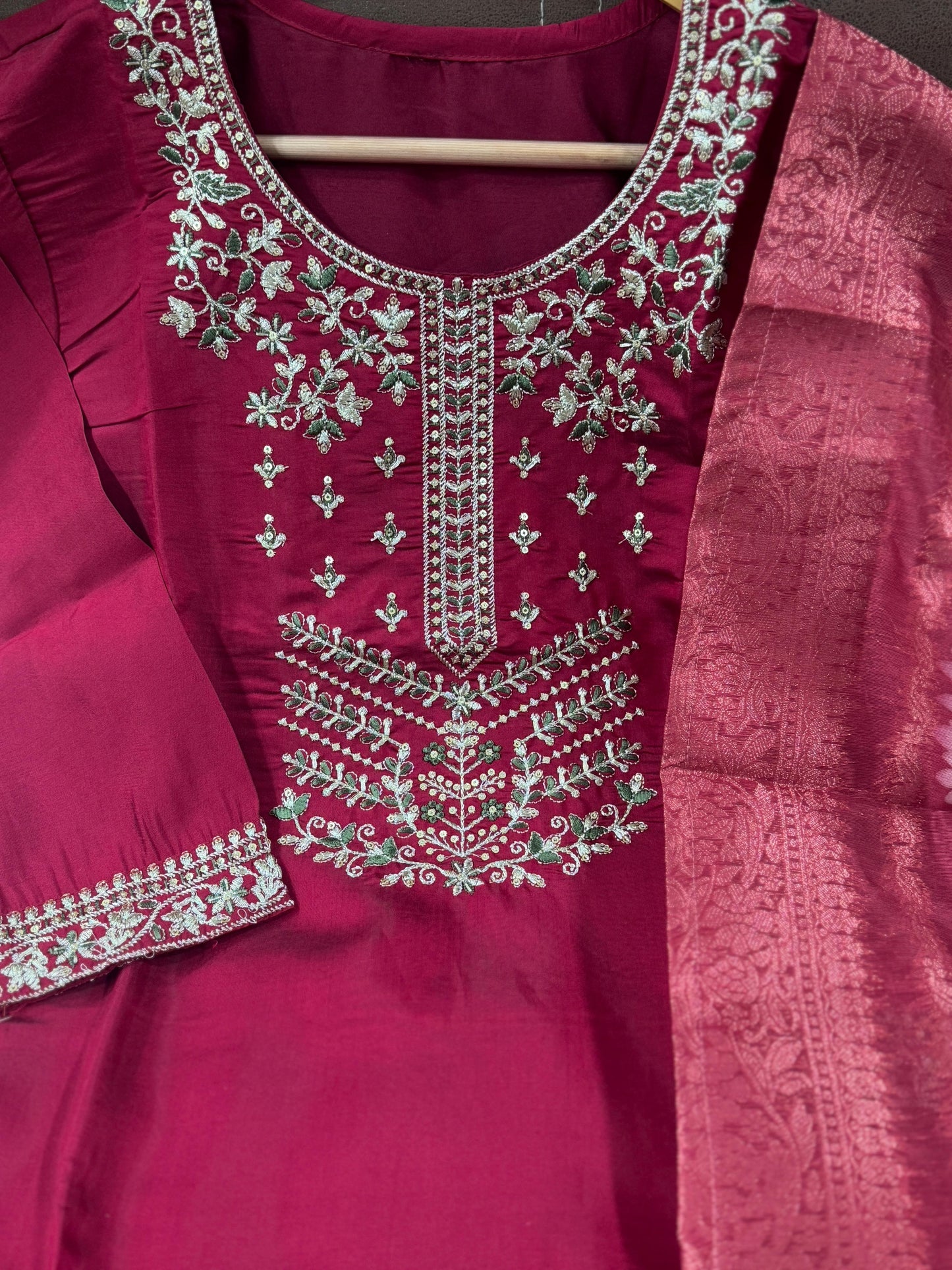 Pure Viscose Chanderi Embroidery Work Wine Kurti Pant With Dupatta Set