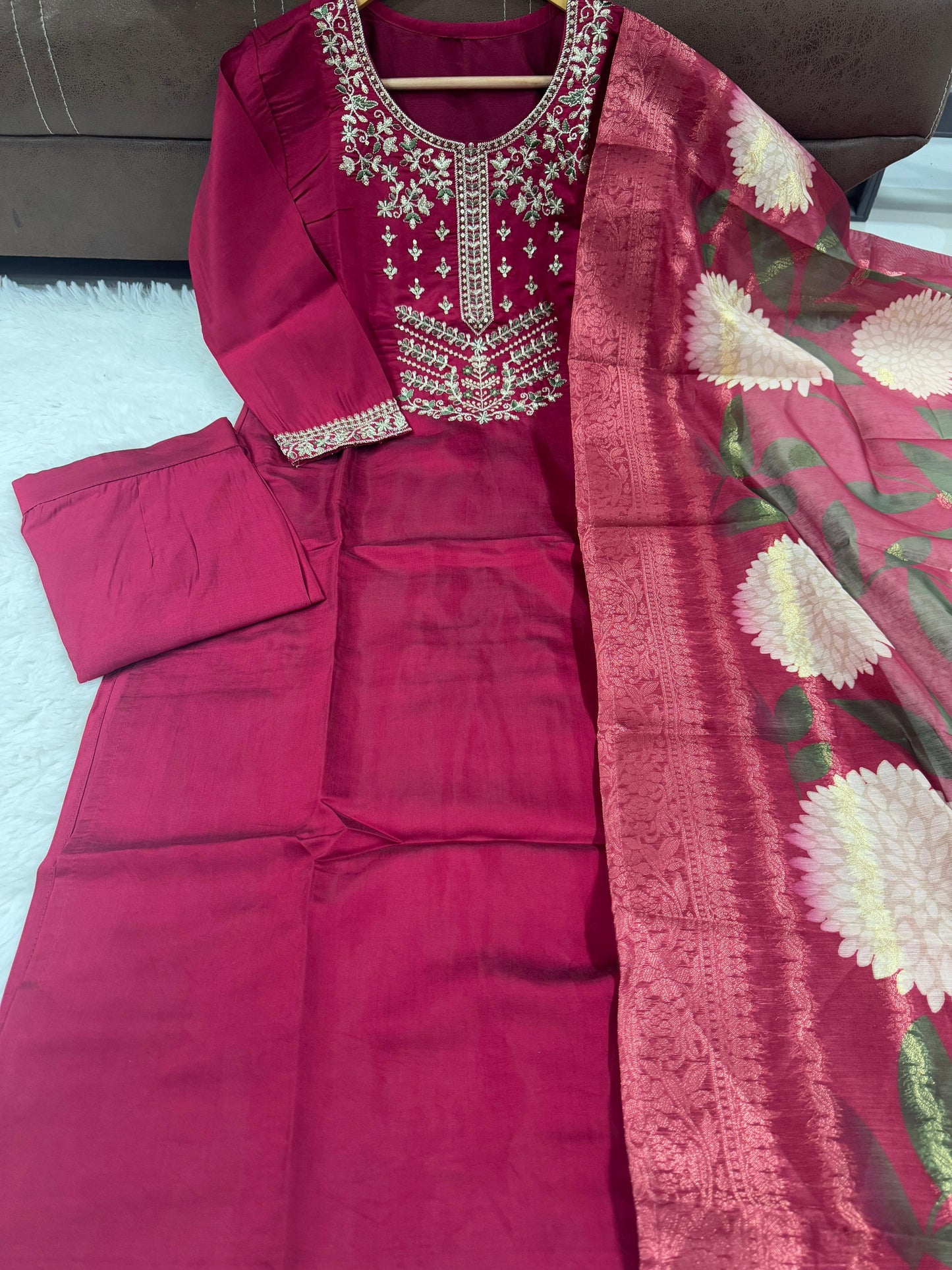 Pure Viscose Chanderi Embroidery Work Wine Kurti Pant With Dupatta Set