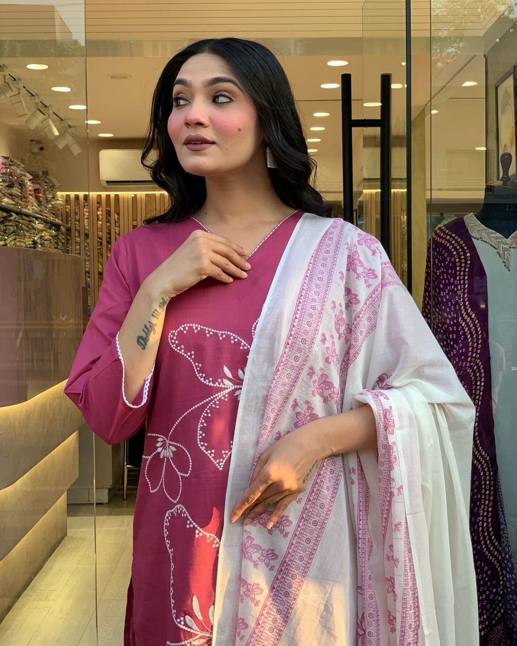 Gorgeous Viscose Chanderi Kurti Attractive Embroidery Work With Pant & Printed Dupatta Set