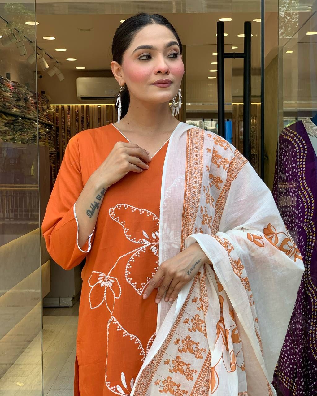 Gorgeous Viscose Chanderi Kurti Attractive Embroidery Work With Pant & Printed Dupatta Set