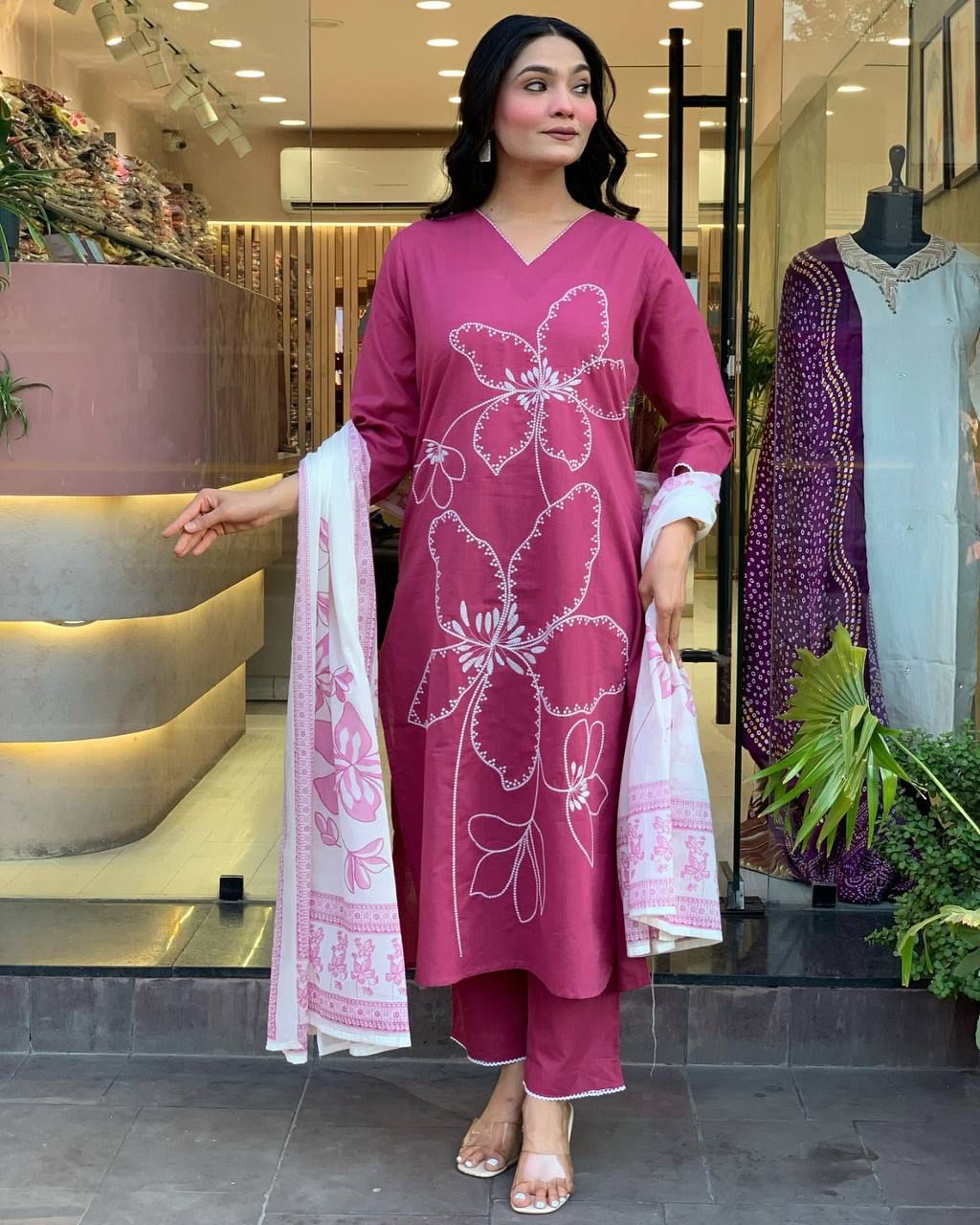 Gorgeous Viscose Chanderi Kurti Attractive Embroidery Work With Pant & Printed Dupatta Set