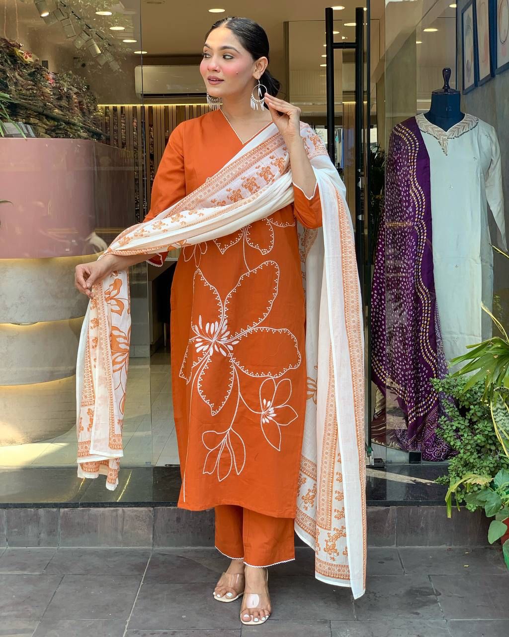 Gorgeous Viscose Chanderi Kurti Attractive Embroidery Work With Pant & Printed Dupatta Set