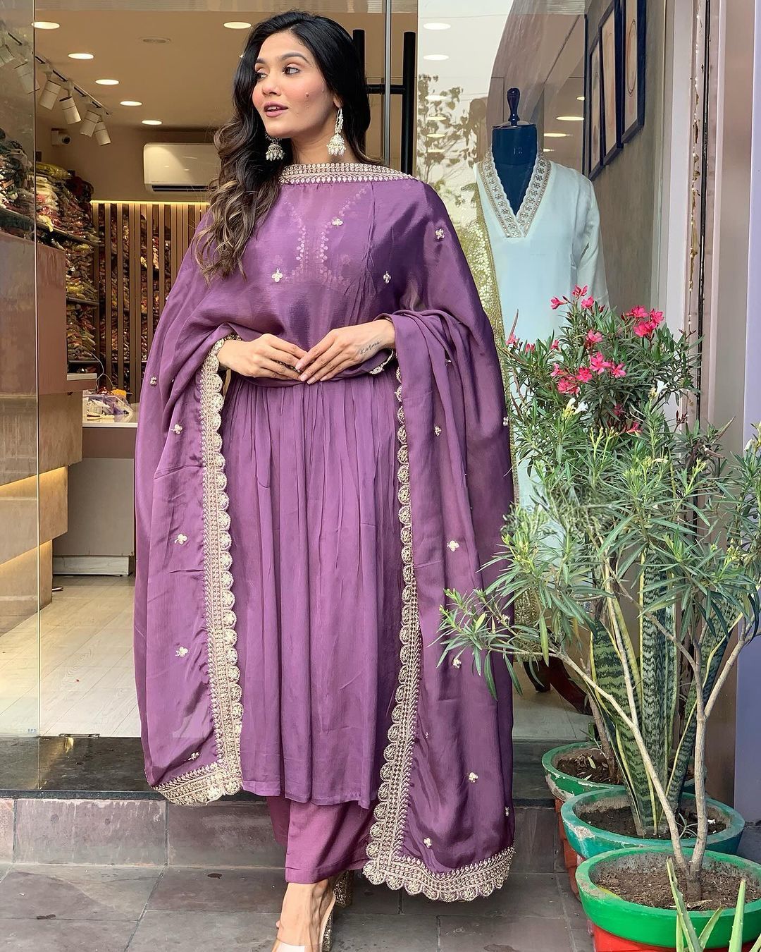 Pure Chinon Silk Alia Cut Gown Embroidery & Sequin Work With Pant & Dupatta