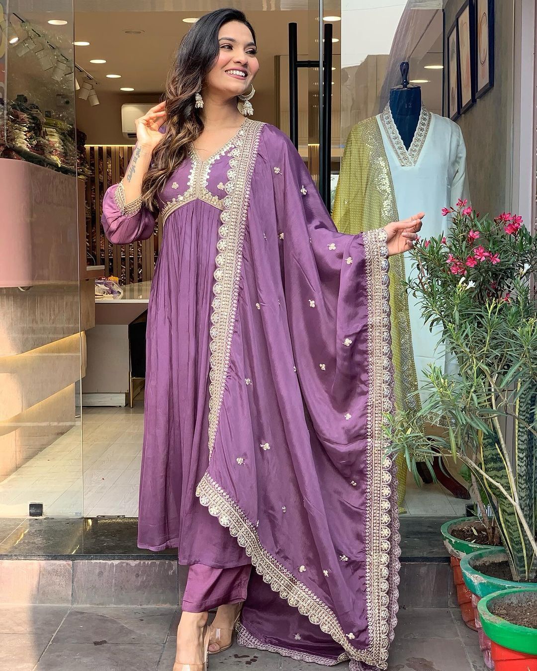 Pure Chinon Silk Alia Cut Gown Embroidery & Sequin Work With Pant & Dupatta