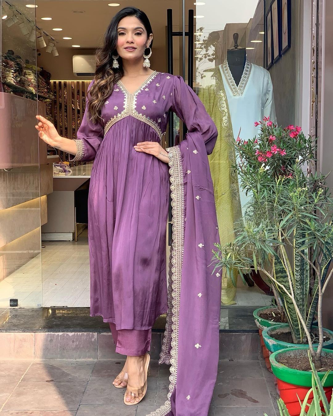 Pure Chinon Silk Alia Cut Gown Embroidery & Sequin Work With Pant & Dupatta