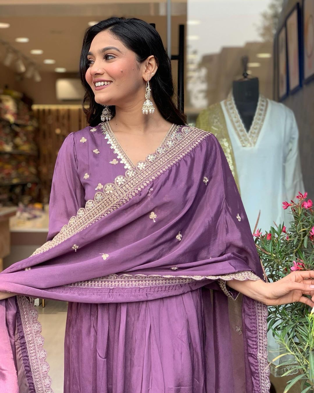 Pure Chinon Silk Alia Cut Gown Embroidery & Sequin Work With Pant & Dupatta