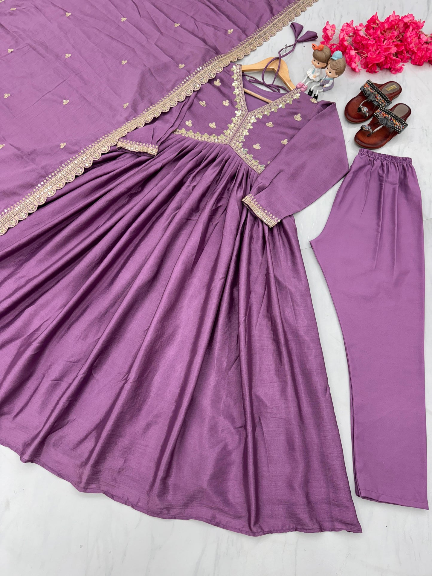 Pure Chinon Silk Alia Cut Gown Embroidery & Sequin Work With Pant & Dupatta