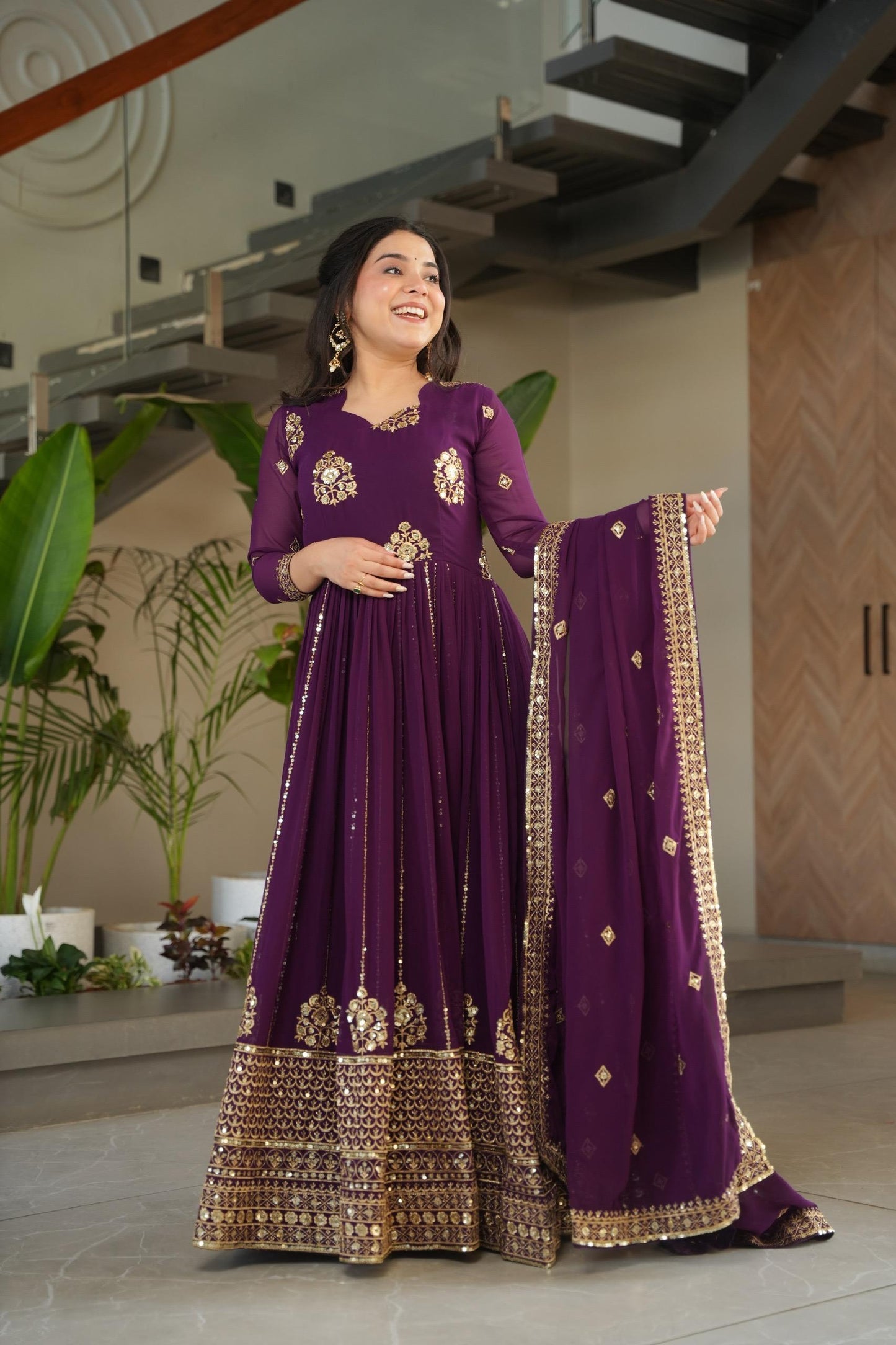 Designer Festive & Wedding Wear Faux Blooming Embroidery, Zari & Sequine Work Gown With Dupatta