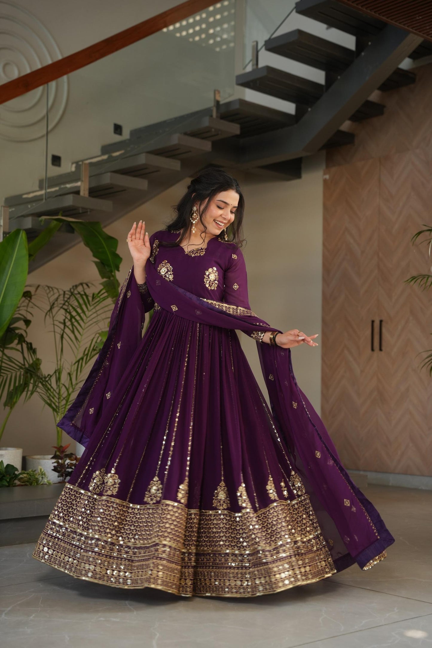 Designer Festive & Wedding Wear Faux Blooming Embroidery, Zari & Sequine Work Gown With Dupatta