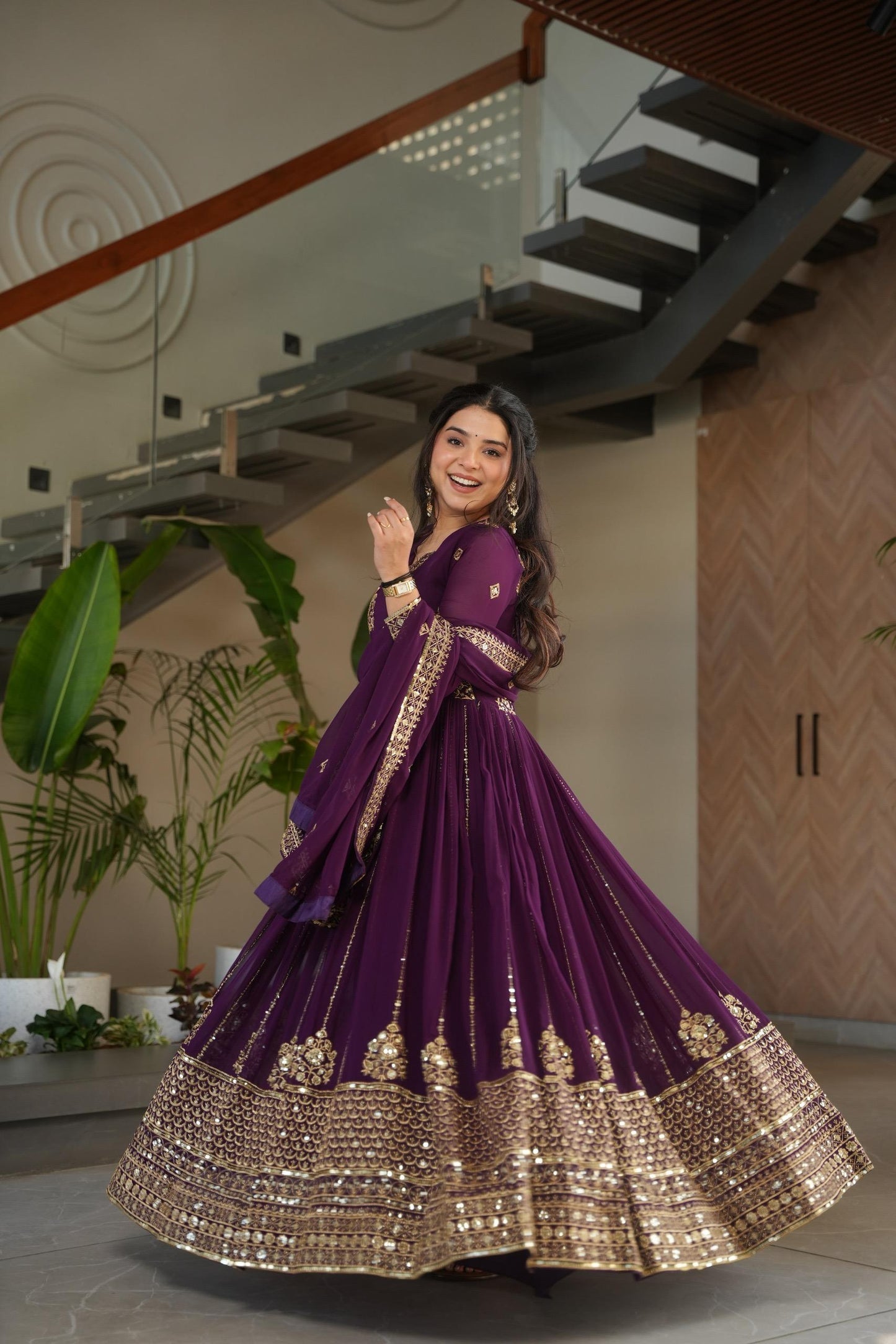 Designer Festive & Wedding Wear Faux Blooming Embroidery, Zari & Sequine Work Gown With Dupatta