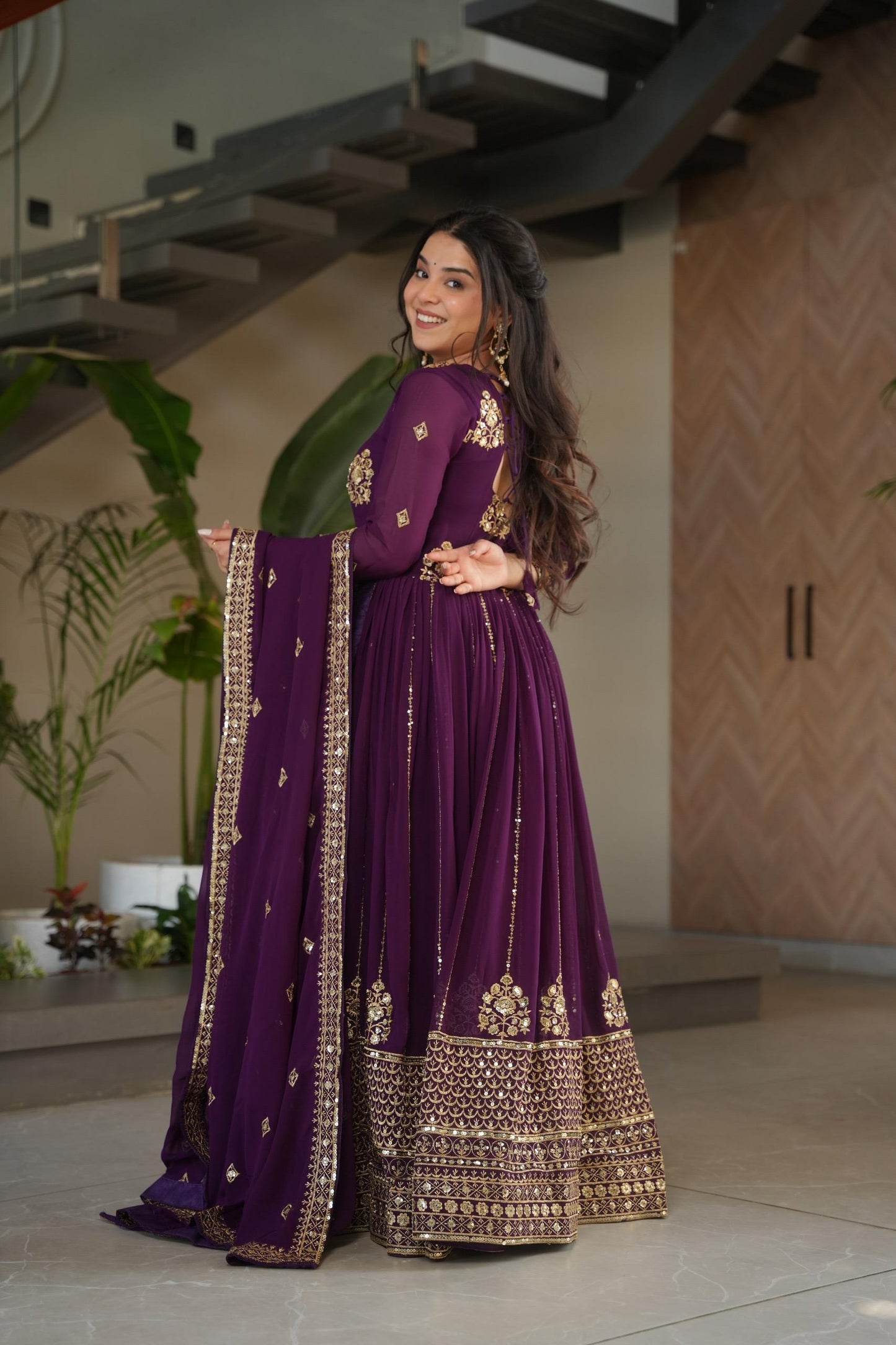 Designer Festive & Wedding Wear Faux Blooming Embroidery, Zari & Sequine Work Gown With Dupatta