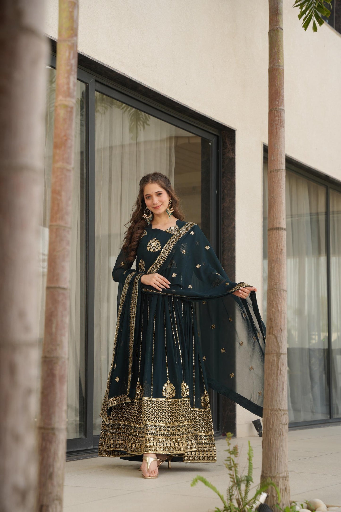 Designer Festive & Wedding Wear Faux Blooming Embroidery, Zari & Sequine Work Gown With Dupatta