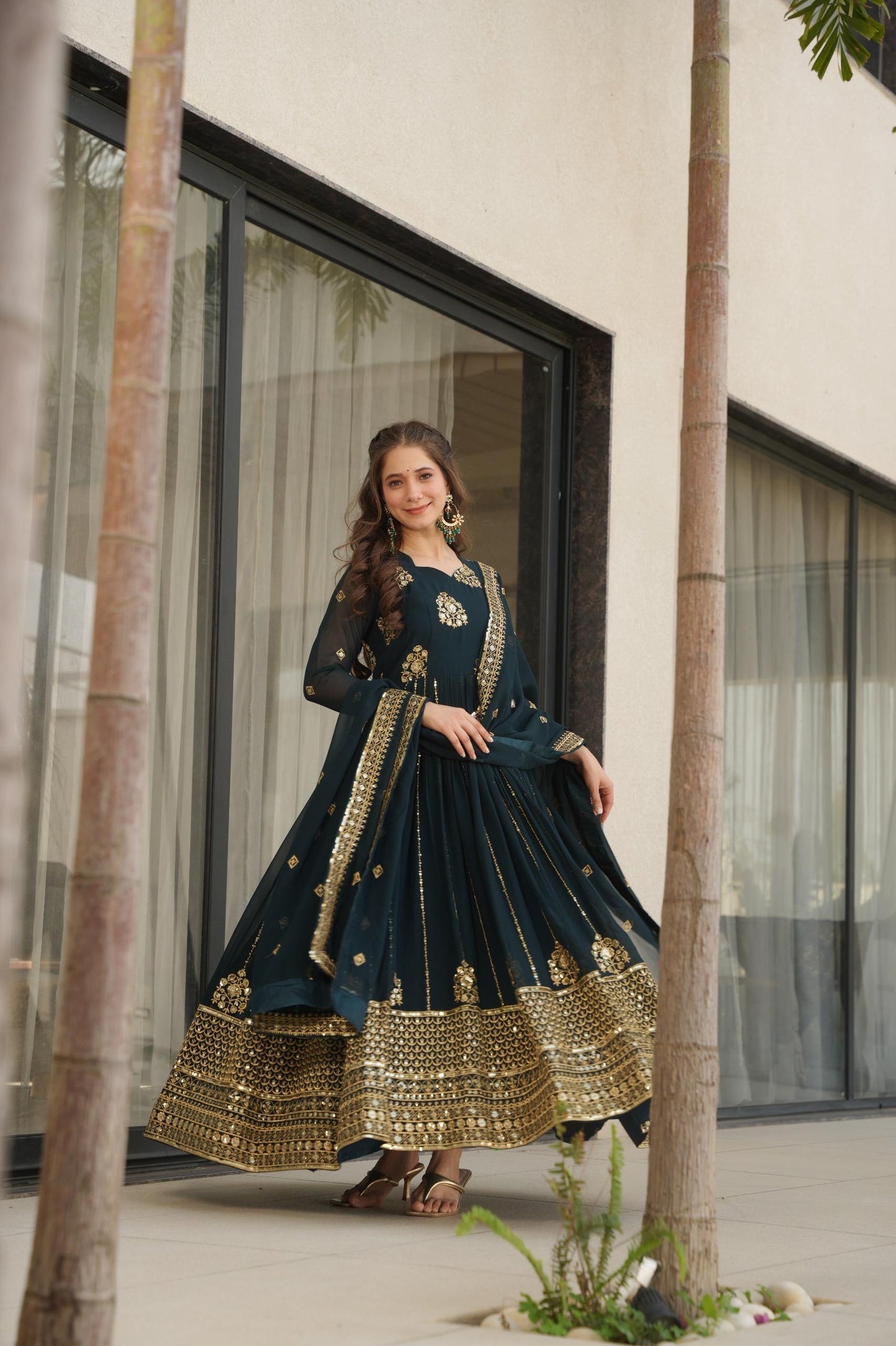 Designer Festive & Wedding Wear Faux Blooming Embroidery, Zari & Sequine Work Gown With Dupatta