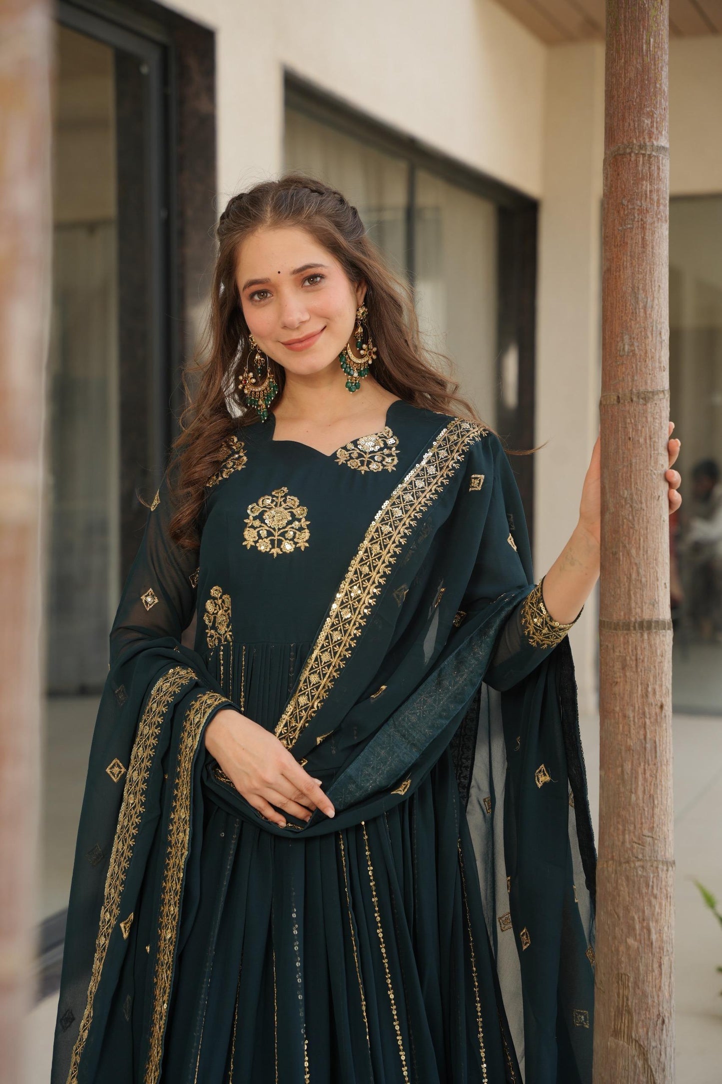 Designer Festive & Wedding Wear Faux Blooming Embroidery, Zari & Sequine Work Gown With Dupatta