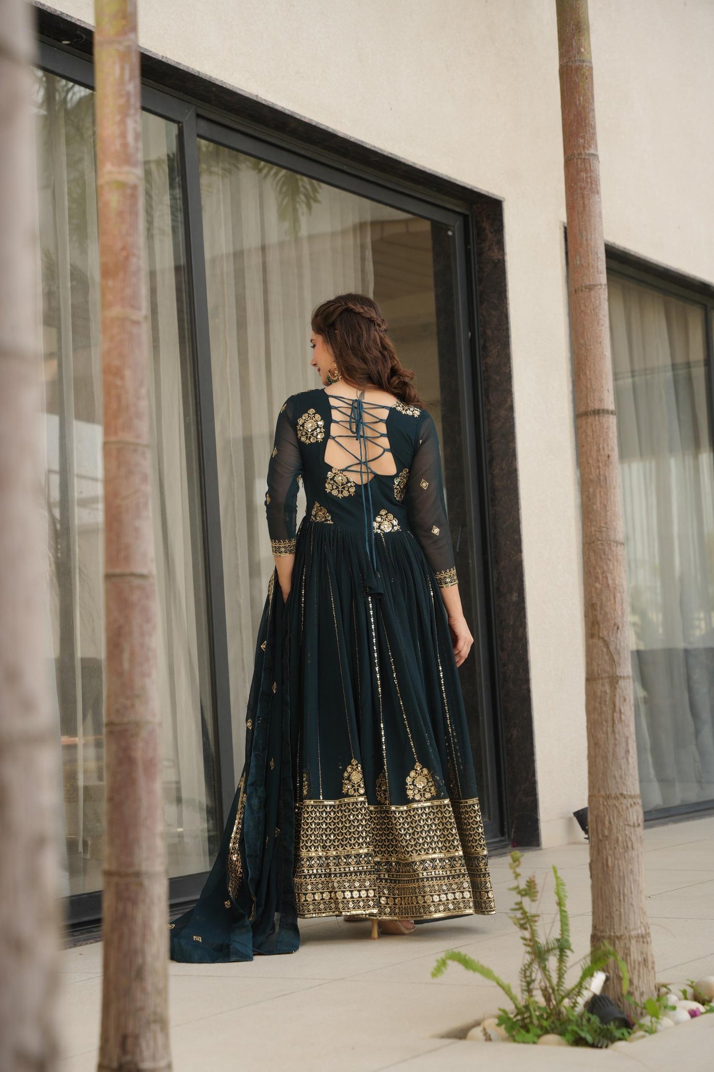 Designer Festive & Wedding Wear Faux Blooming Embroidery, Zari & Sequine Work Gown With Dupatta
