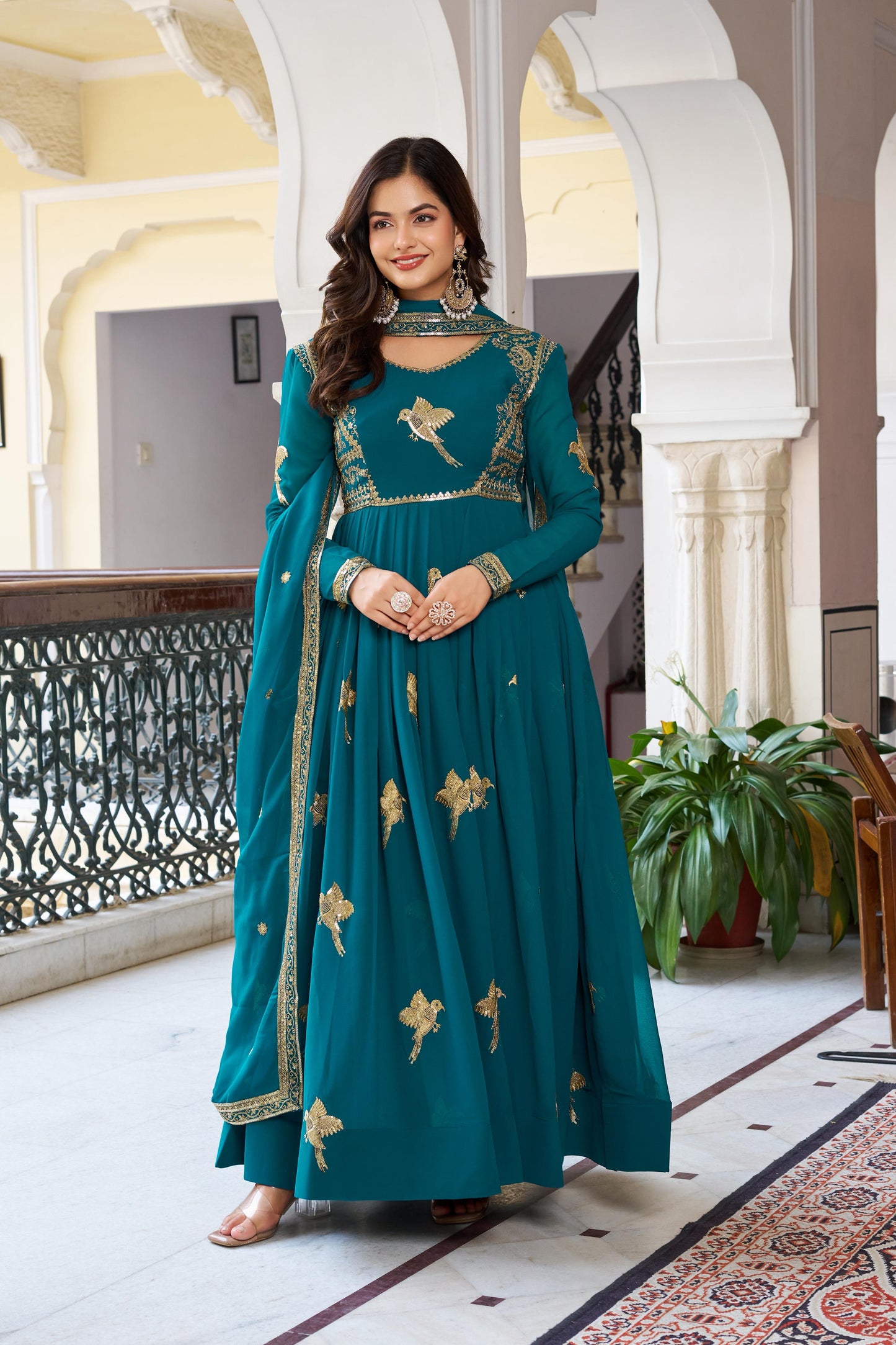 Modern Festive & wedding Wear Faux Georgette Thread & Sequence Work Gown With Dupatta