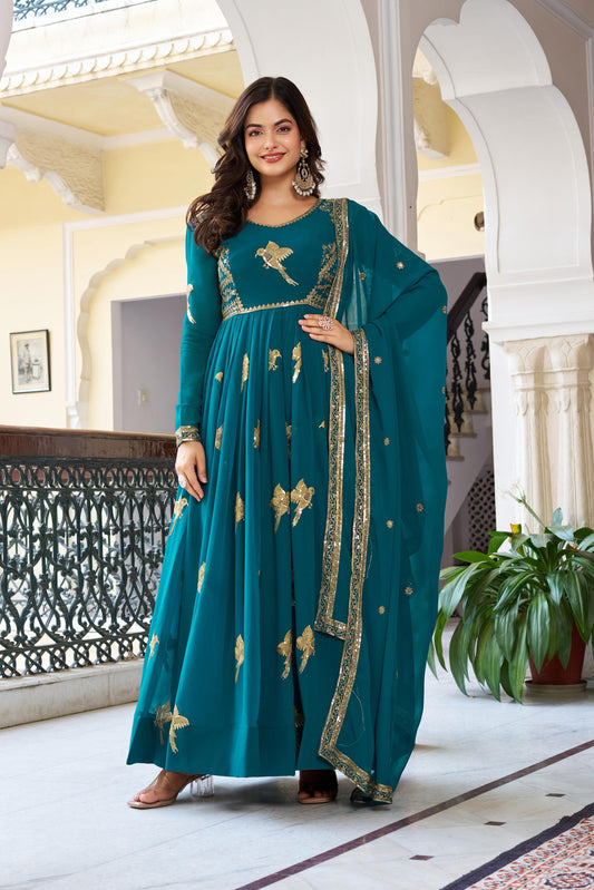 Modern Festive & wedding Wear Faux Georgette Thread & Sequence Work Gown With Dupatta