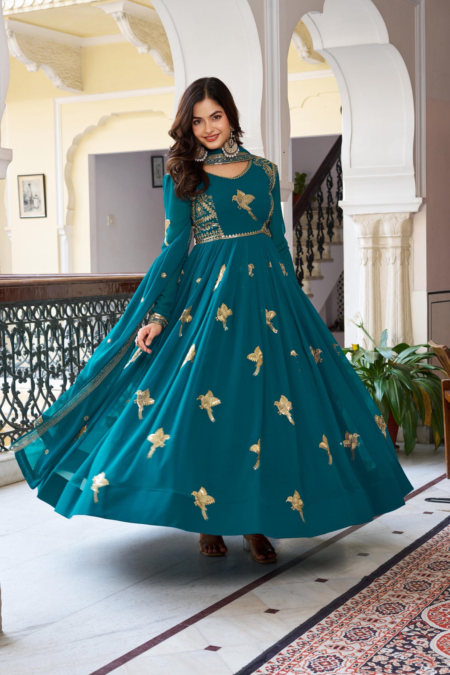 Modern Festive & wedding Wear Faux Georgette Thread & Sequence Work Gown With Dupatta