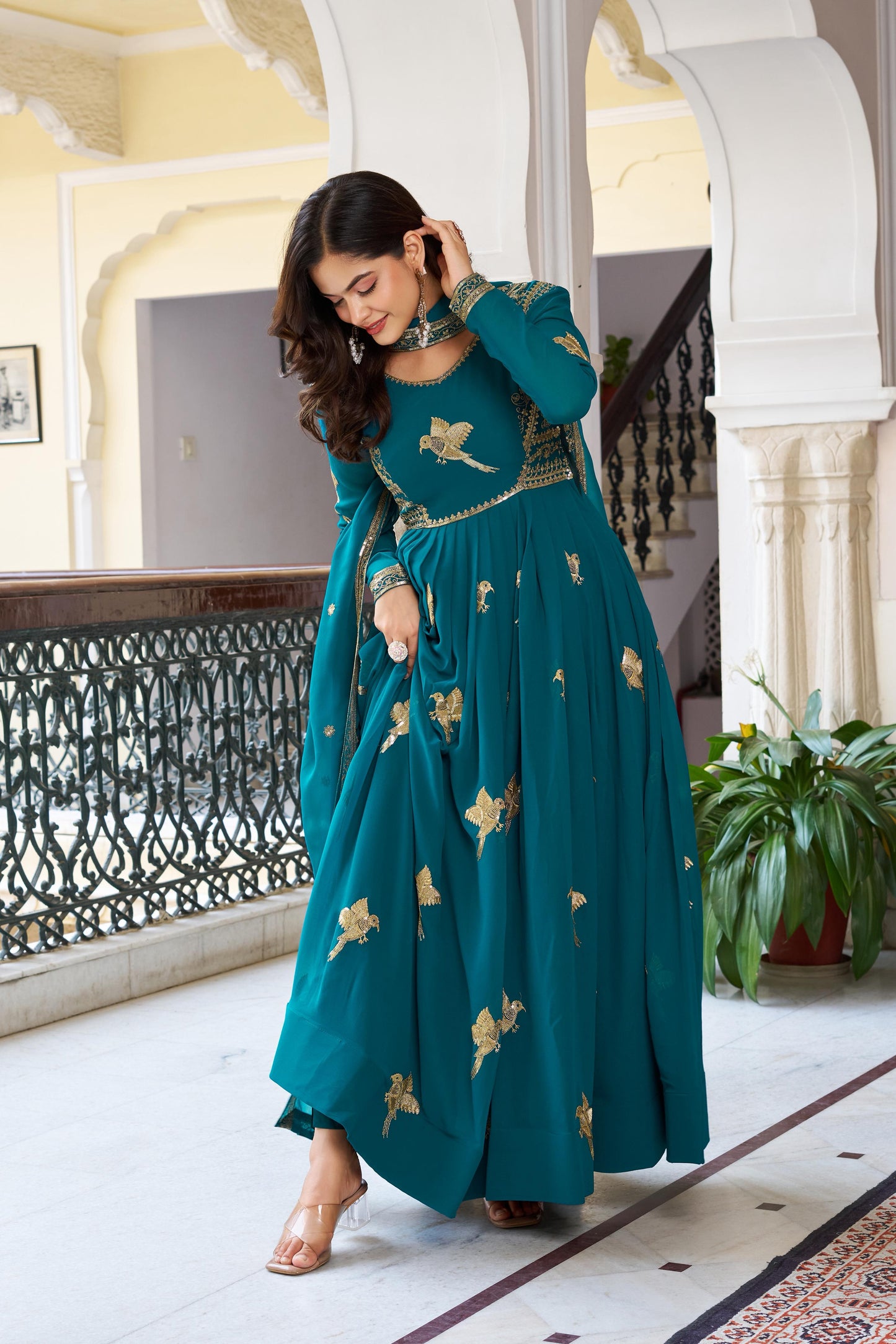Modern Festive & wedding Wear Faux Georgette Thread & Sequence Work Gown With Dupatta